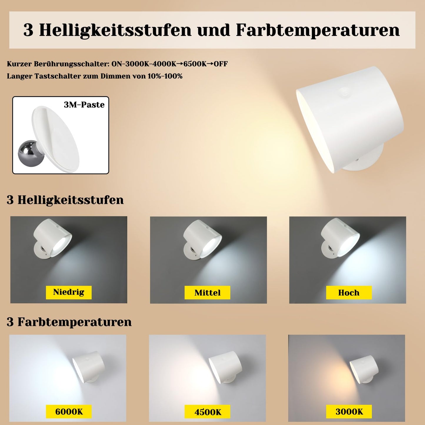 ZMH Wandlampe LED Wandleuchte Innen - Wandbeleuchtung 2 St¨¹ck mit Akku 360¡ã Drehbare Touch Control 3 Helligkeitsstufen Wei? Kabellose Wandleuchten F¨¹r Wohnzimmer Kinder Schlafzimmer