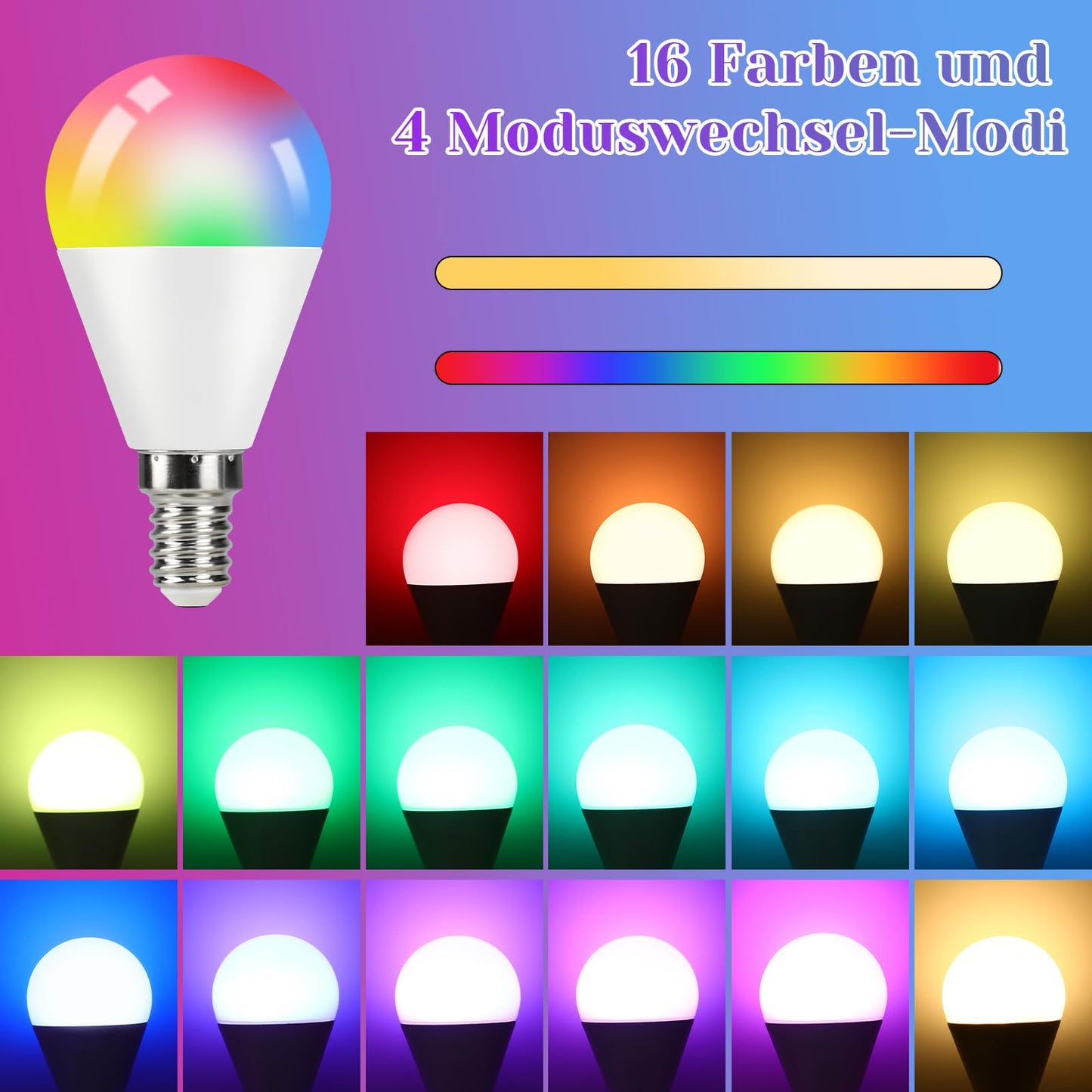 ZMH E14 LED Lampe RGB Gl¨¹hbirne: 4er Pack Leuchtmittel dimmbare Edison Gl¨¹hlampe mit Fernbedienung 3000K Warmwei? 4W Farbwechsel 16 Farbe 4 Dynamic Modes Farbige Birne Deko f¨¹r Party Bar KTV