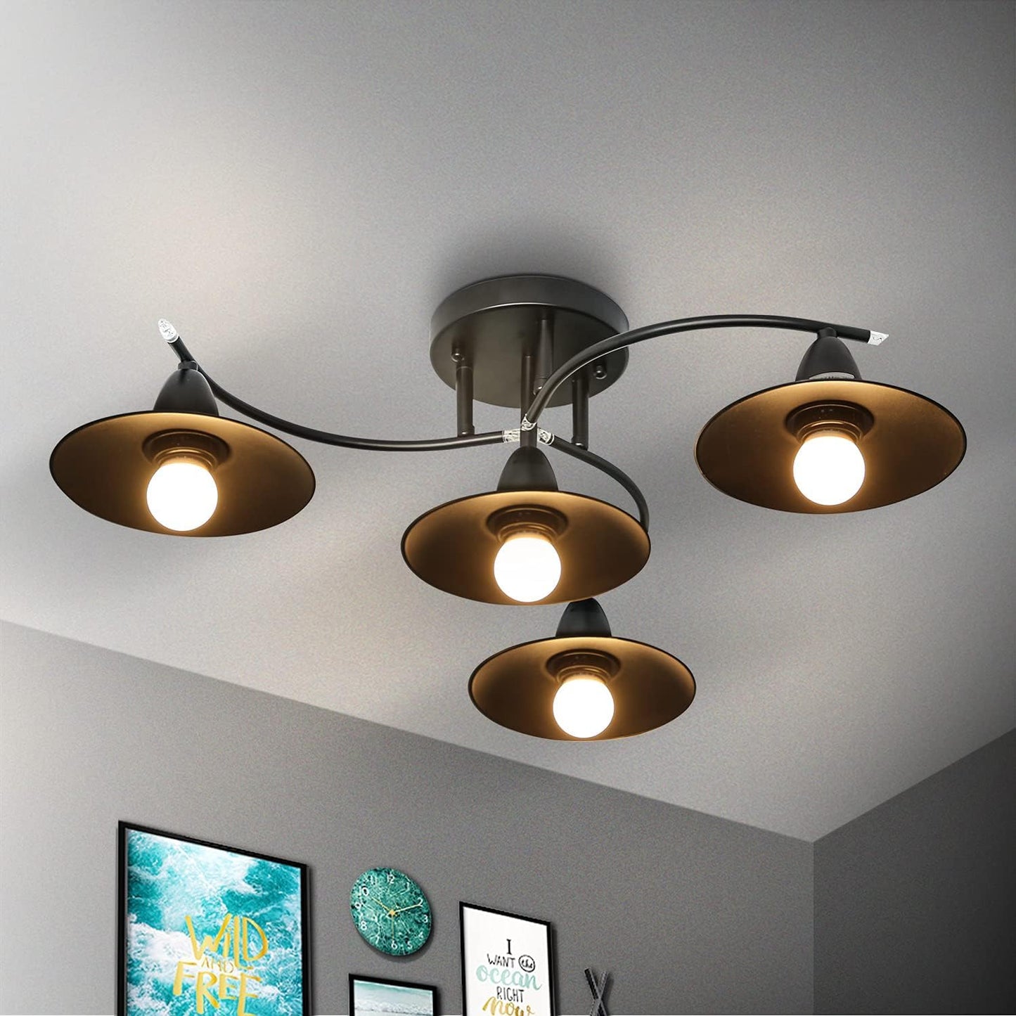 ZMH Deckenlampe Vintage Deckenleuchte mit 4 ¡Á E27 G95 geraden Gl¨¹hf?den Gl¨¹hbirne Retro Schwarz Wohnzimmerlampe Industrial Flurlampe Schlafzimmerlampe Esszimmerlampe Wohnzimmer Beleuchtung