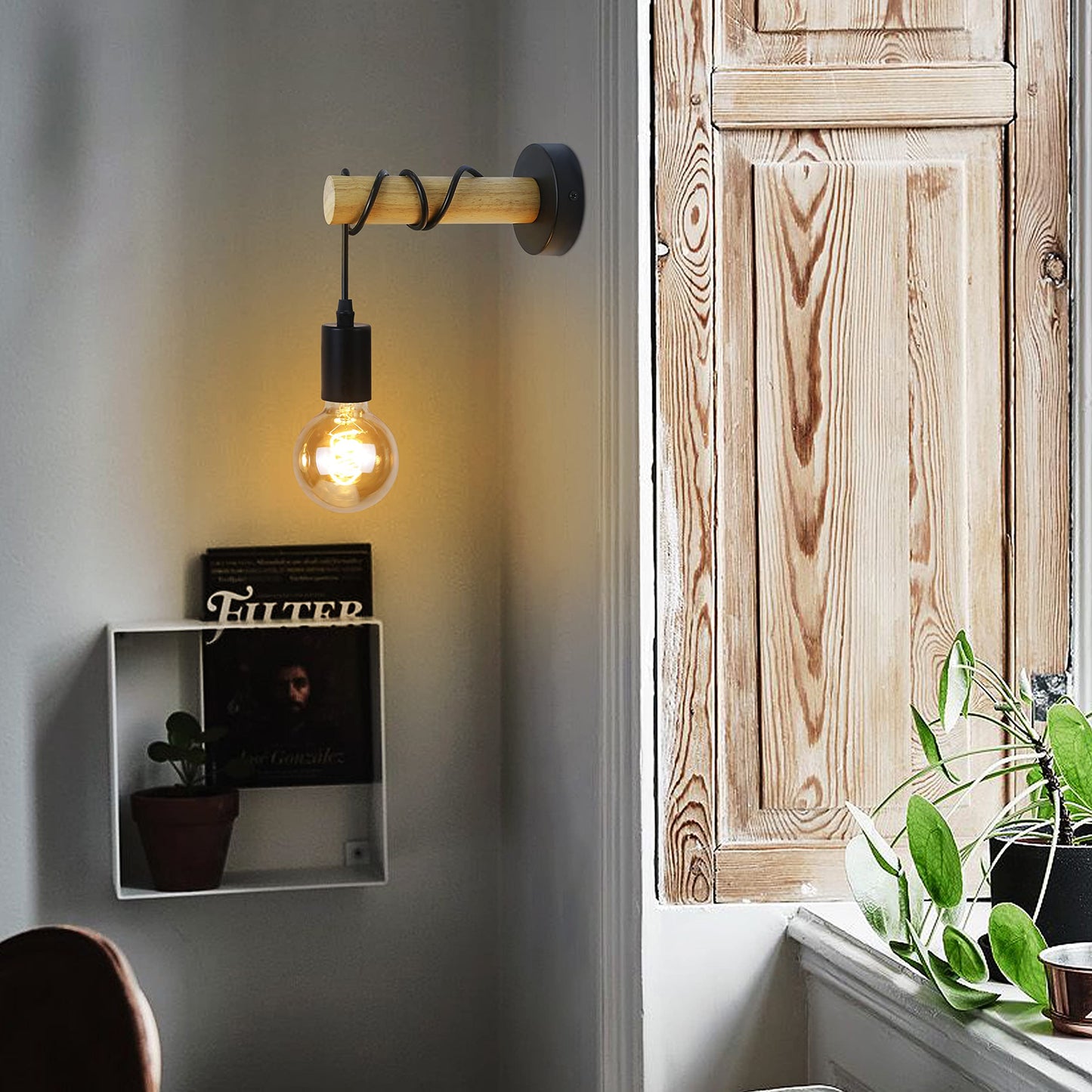 ZMH 2 St¨¹ck Wandleuchte Innen Wandlampe Holz: Vintage Wandstrahler Schwarz Retro Industrial Wandbeleuchtung Schlafzimmer E27 Rustikal Design Wandspot f¨¹r Wohnzimmer Flur - Ohne Leuchtmittel