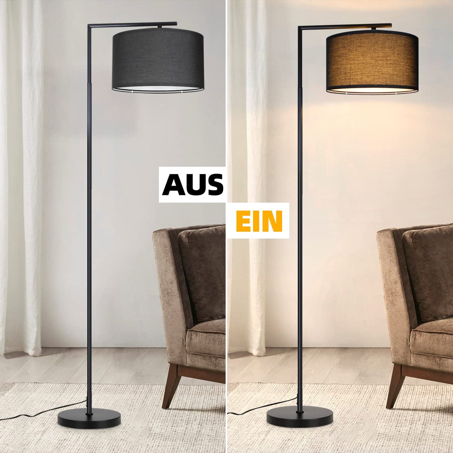 ZMH Stehlampe Wohnzimmer Schwarz Stehleuchte: Modern Standleuchte Stoff Design Deko Bogenlampe E27 Fassung Leselampe Max. 40W Wohnzimmerlampe mit Fu?schalter Bettlampe 166cm Ohne Leuchtmittel