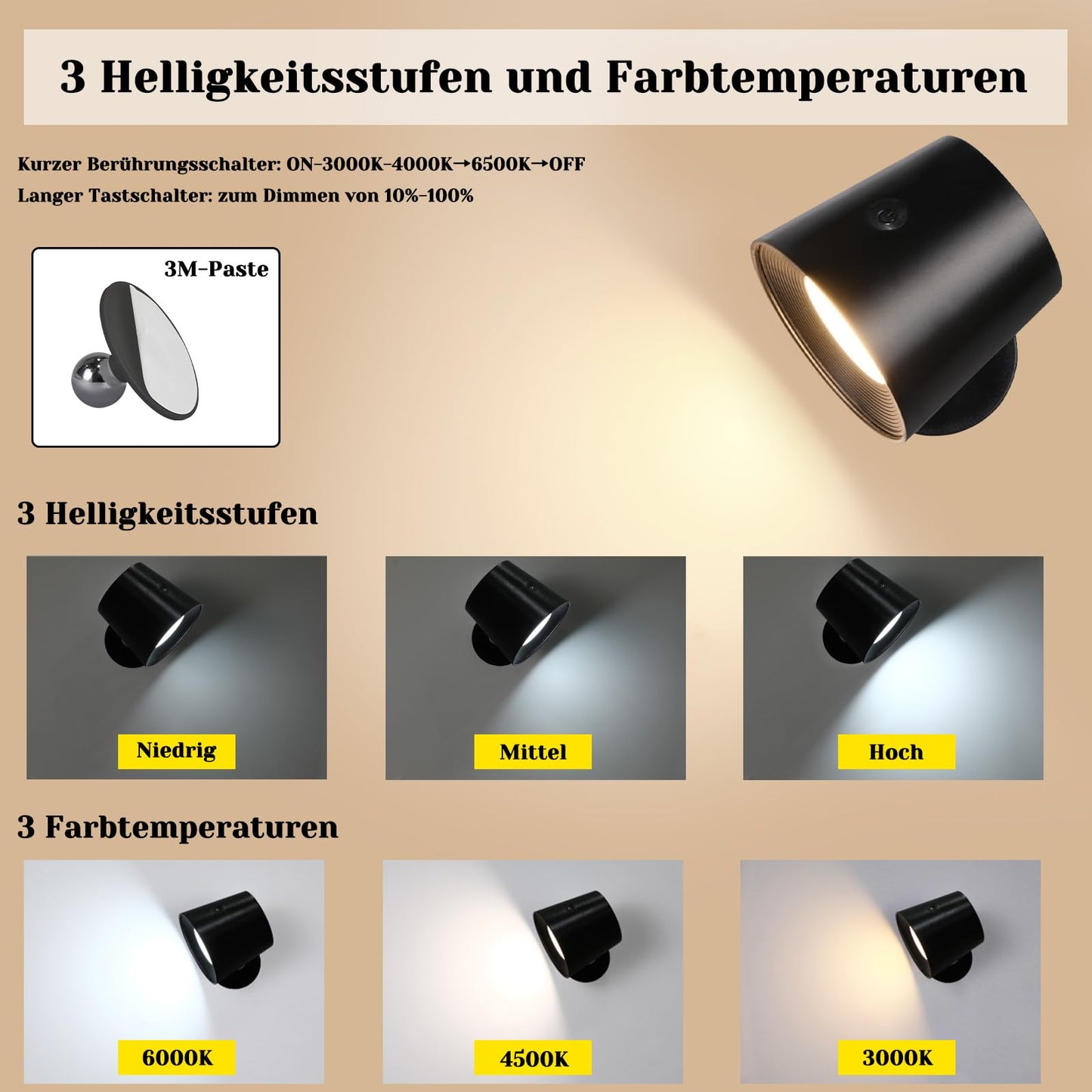 ZMH Wandlampe LED Wandleuchte Innen - Wandbeleuchtung 2 St¨¹ck mit Akku 360¡ã Drehbare Touch Control 3 Helligkeitsstufen Schwarz Kabellose Wandleuchten F¨¹r Wohnzimmer Kinder Schlafzimmer