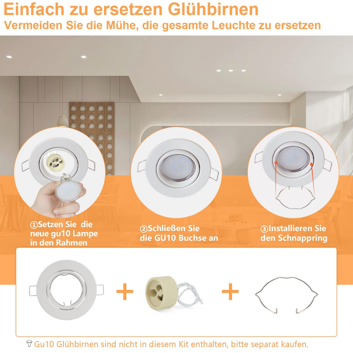 ZMH 6ER Einbaurahmen GU10 Set - Einbaustrahler Rahmen Einbauleuchte Wei? Fassungen 230V mit Sockel Lochdurchmesser 50mm Einbauspots Rund aus Metall Schwenkbar 30¡ã Spot f¨¹r LED Leuchtmittel Halogen
