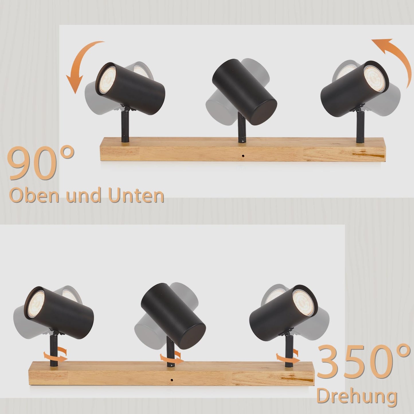 Deckenstrahler Schwarz 3 Flammig Flurlampe - Holz Deckenspots GU10 Vintage Retro Metall Deckenlampe Verstellbare 350¡ã f¨¹r Flur Schlafzimmer Wohnzimmer Arbeitszimmer Keine Leuchtmittel