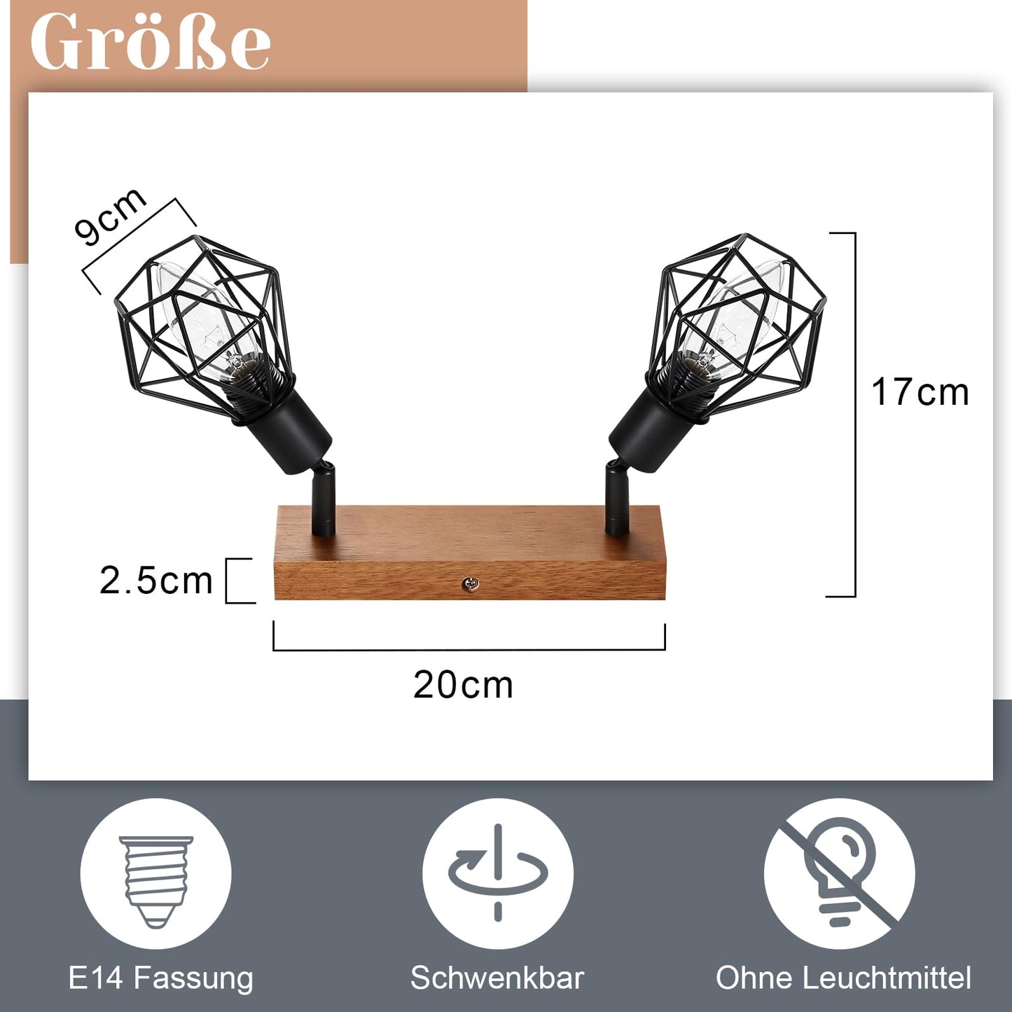 ZMH Deckenstrahler 2 Flammig Schwarz Vintage - Holz Denckenspots E14 Metall Deckenlampe Schwenkbar 350¡ã Deckenleuchte f¨¹r K¨¹che Wohnzimmer Schlafzimmer Esszimmer MAX.25W Ohne Leuchtmittel