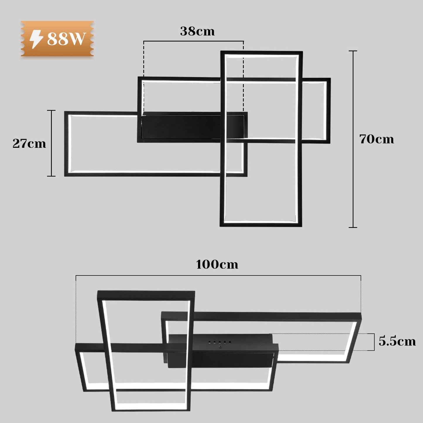 ZMH LED Deckenlampe Wohnzimmer Deckenleuchte - 100cm Dimmbar Wohnzimmerlampe Modern Schwarz Schlafzimmerlampe 88W Geometrisch Multifunktional Deckenbeleuchtung f¨¹r Schlafzimmer Flur B¨¹ro und Balkon