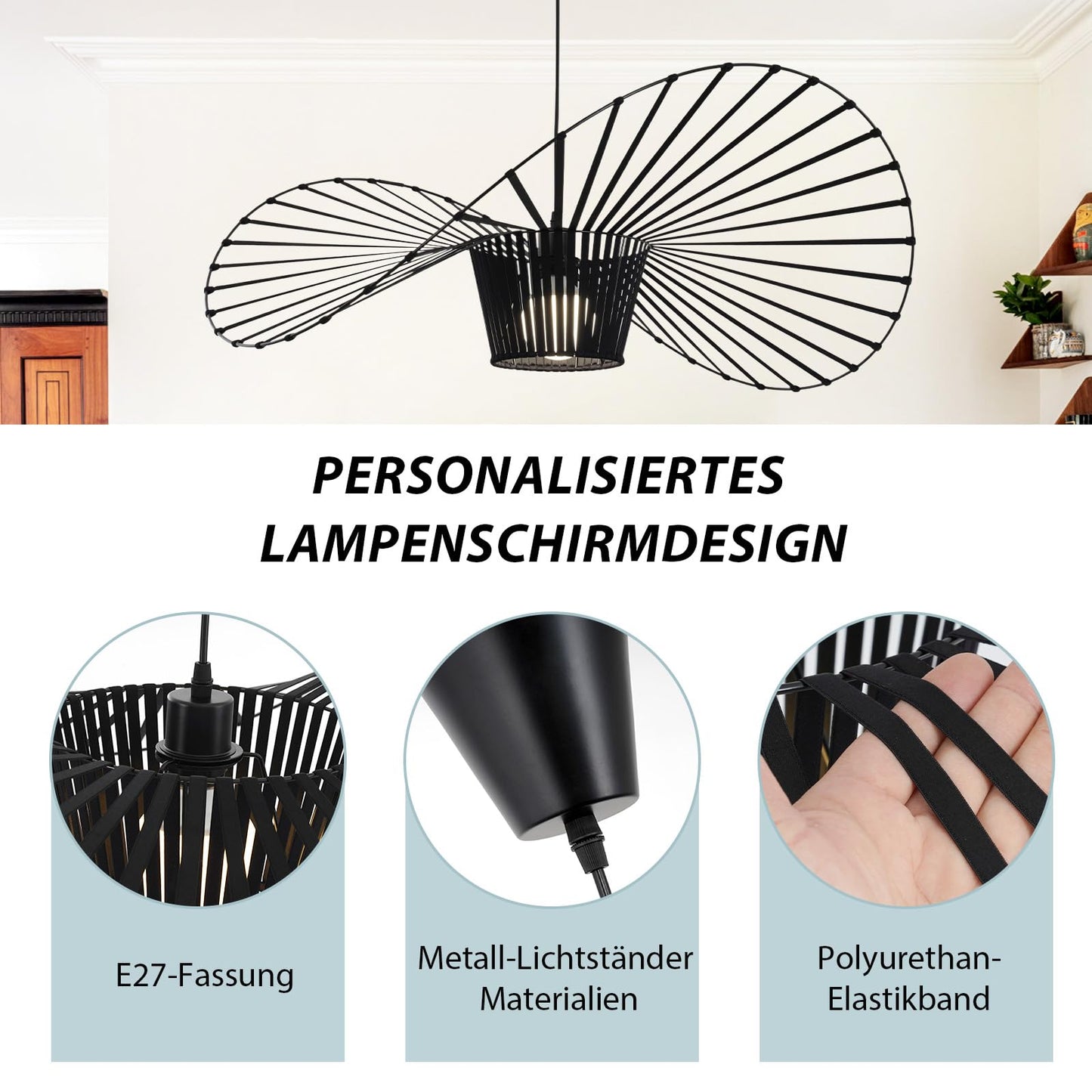 ZMH Vertigo Pendelleuchte 140CM E27 - Modern Schwarz Kronleuchter Wohnzimmer Retro H?ngelampe Glasfiberstahl + Polyurethan Esstischlampe Hut H?ngeleuchte Max. 40W Ohne Leuchtmittel