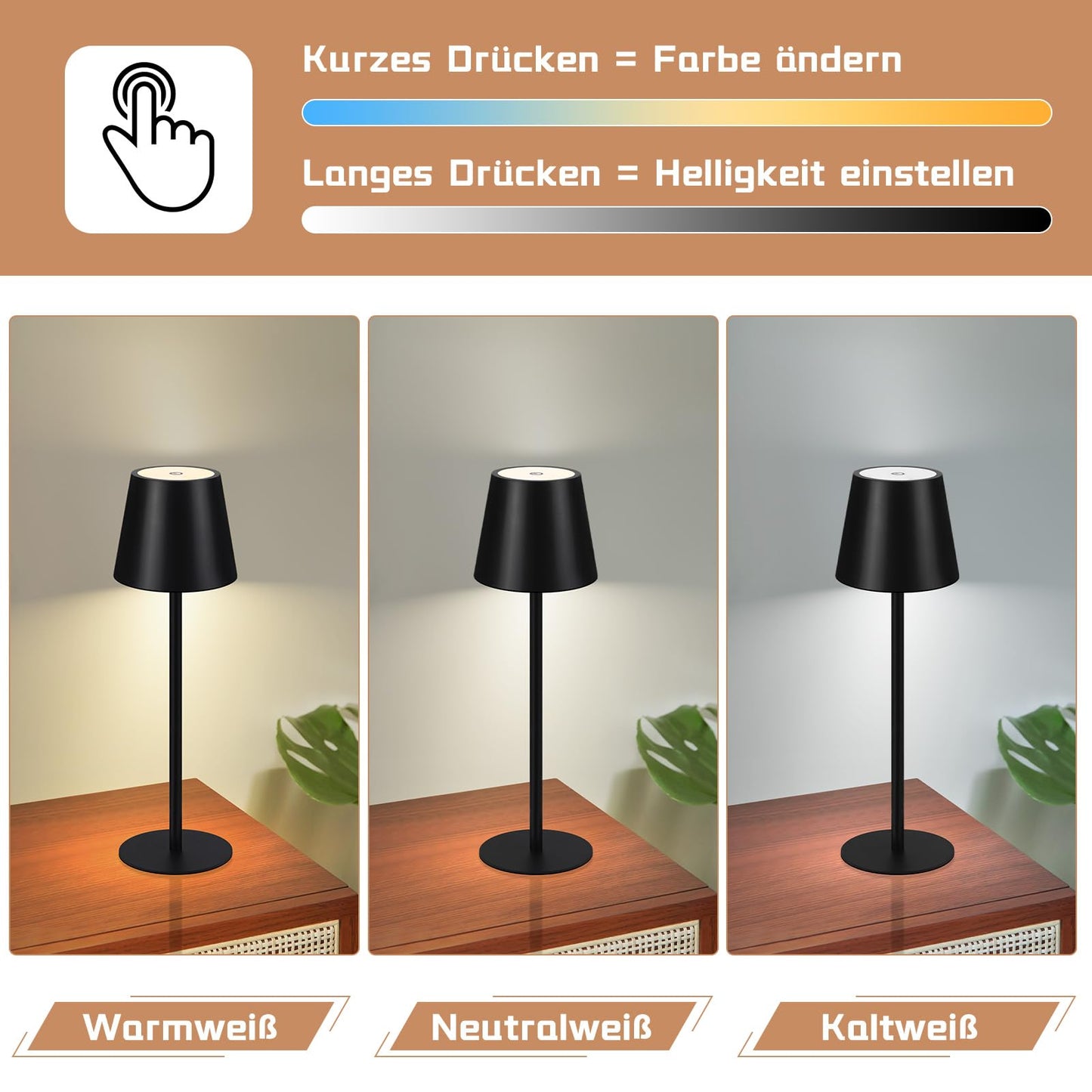 ZMH Tischlampe Akku Nachttischlampe Kabellos - Led 2600mhA Aussentischleuchte Aufladbar Tischleuchte Touch Dimmbar Schwarz Akkulampe batterie Nachttischleuchte USB Akkuleuchte f¨¹r Schlafzimmer