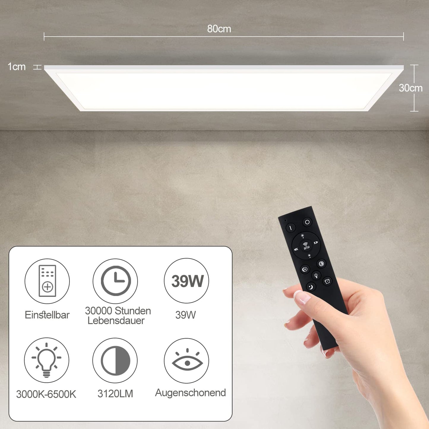 ZMH LED Panel Deckenleuchte Dimmbar - Flach Deckenlampe Wohnzimmer mit Fernbedienung 80x30CM Schlafzimmerlampe 39W K¨¹chenlampe Deckenpanel Modern Wei? B¨¹roleuchte f¨¹r Flur B¨¹ro K¨¹che Schlafzimmer
