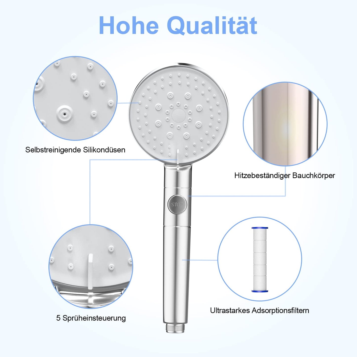 ZMH Duschkopf Wassersparend mit 1.5M Schlauch Brausehalterung - Handbrause Chrom Filter mit 5 Strahlarten Wasserstop, Druckerh?hende Regendusche Sparduschkopf