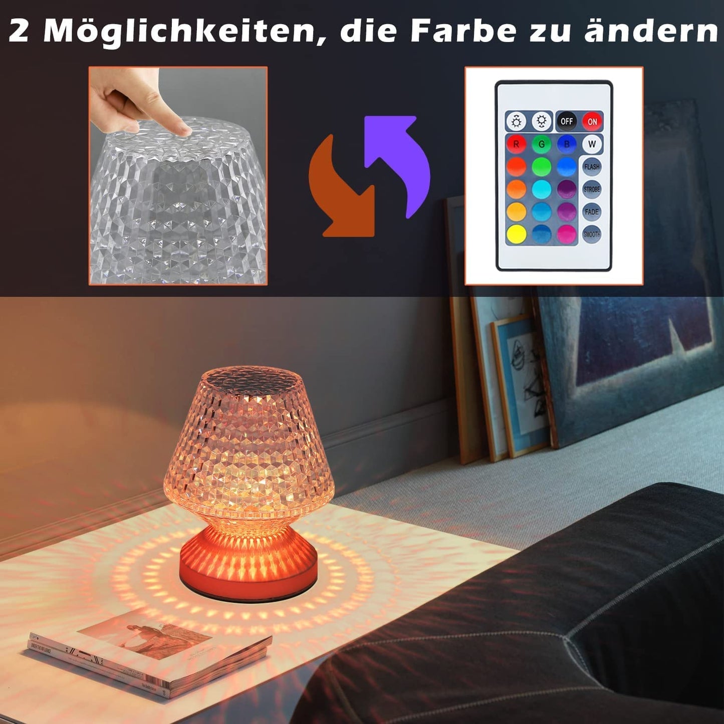 ZMH Tischlampe Kabellos LED Nachttischlampe touch - Kristall Lampe akku Tischleuchte dimmbar 16 Farben Nachttischleuchte batteriebetrieben mit Fernbedienung f¨¹r Wohnzimmer Valentinstag Deko 1 St¨¹ck
