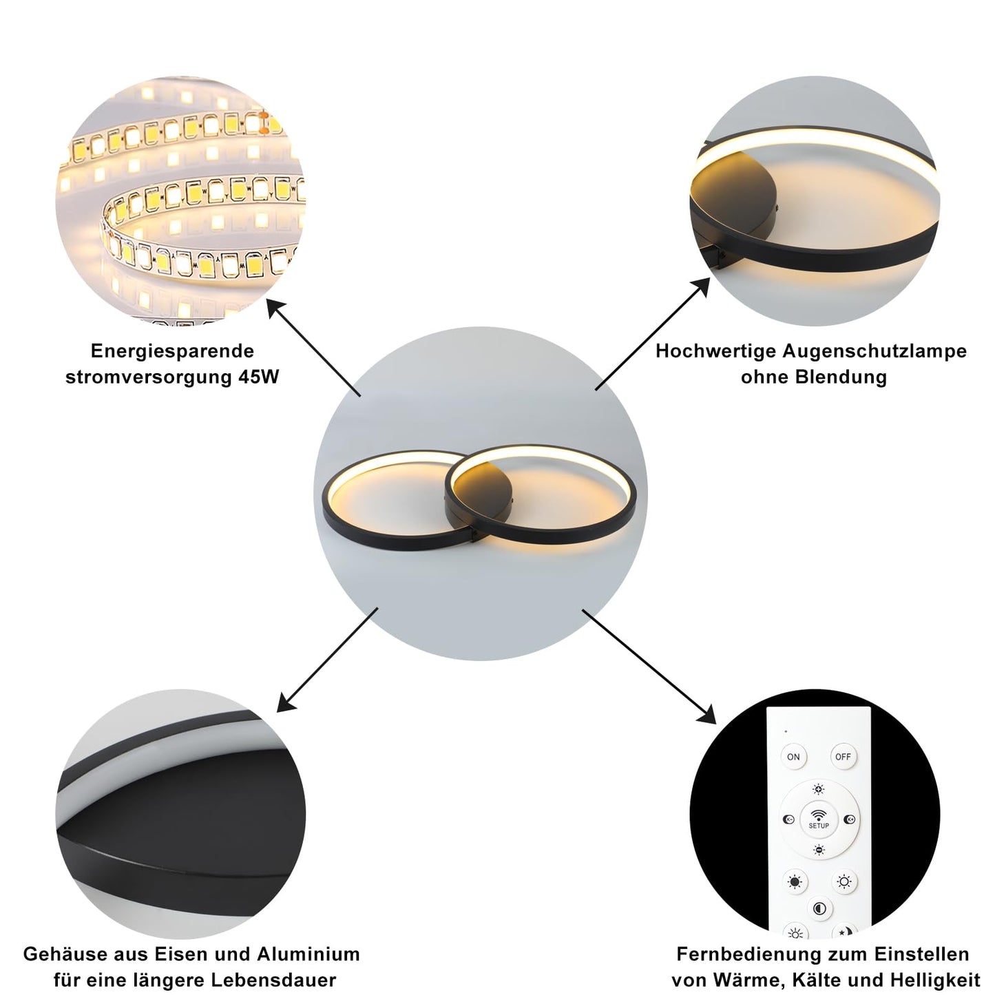 ZMH LED Deckenleuchte Wohnzimmer Deckenlampe - Schwarz 50CM Modern Wohnzimmerlampe 45W Dimmbar mit Fernbedienung Schlafzimmerlampe Metall Design k¨¹chenlampe f¨¹r Schlafzimmer Kinderzimmer