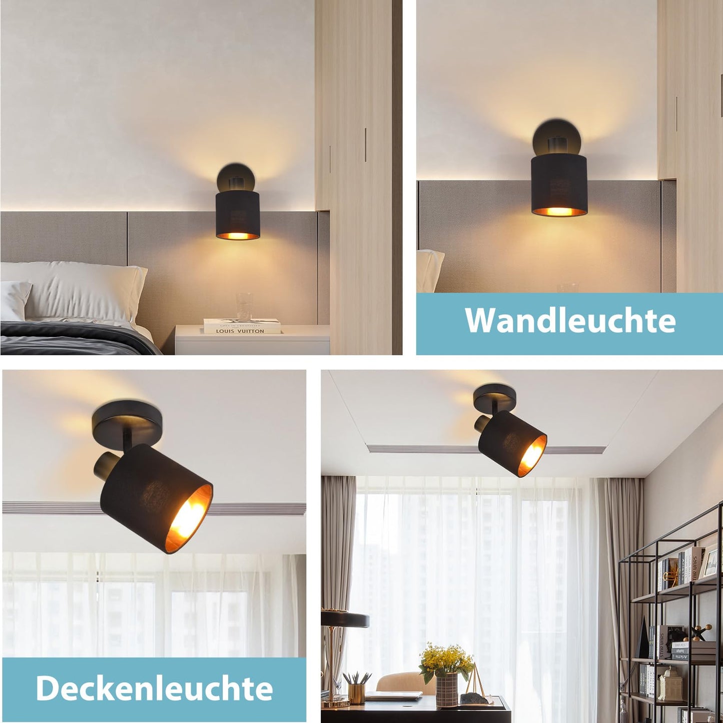 ZMH Deckenlampe 1 Flammig Deckenstrahler Schwarz - Deckenleuchte Vintage Deckenspot E14 Wandstrahler Stoffschrim Schwenkbar 350¡ã MAX.40W f¨¹r Wohnzimmer Schlafzimmer Flur (ohne Leuchtmittel)