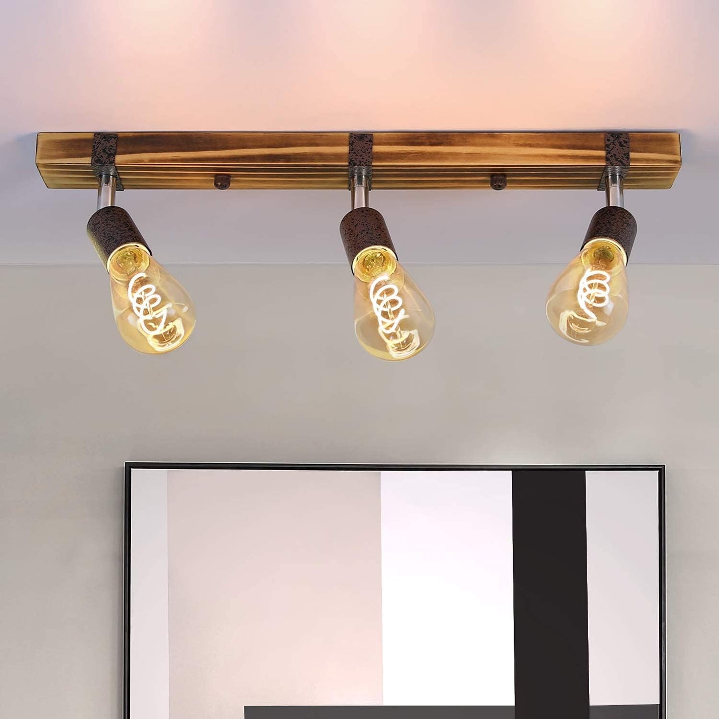 ZMH Vintage Deckenleuchte Holz Deckenspots Retro Deckenstrahler 55CM mit verstellbaren Strahlern, 3xE27 Warmwei?, Schwenkbar Deckenlampe f¨¹r Flur K¨¹che Esszimmer Wohnzimmer Bar, 3x E27 4W 2200K