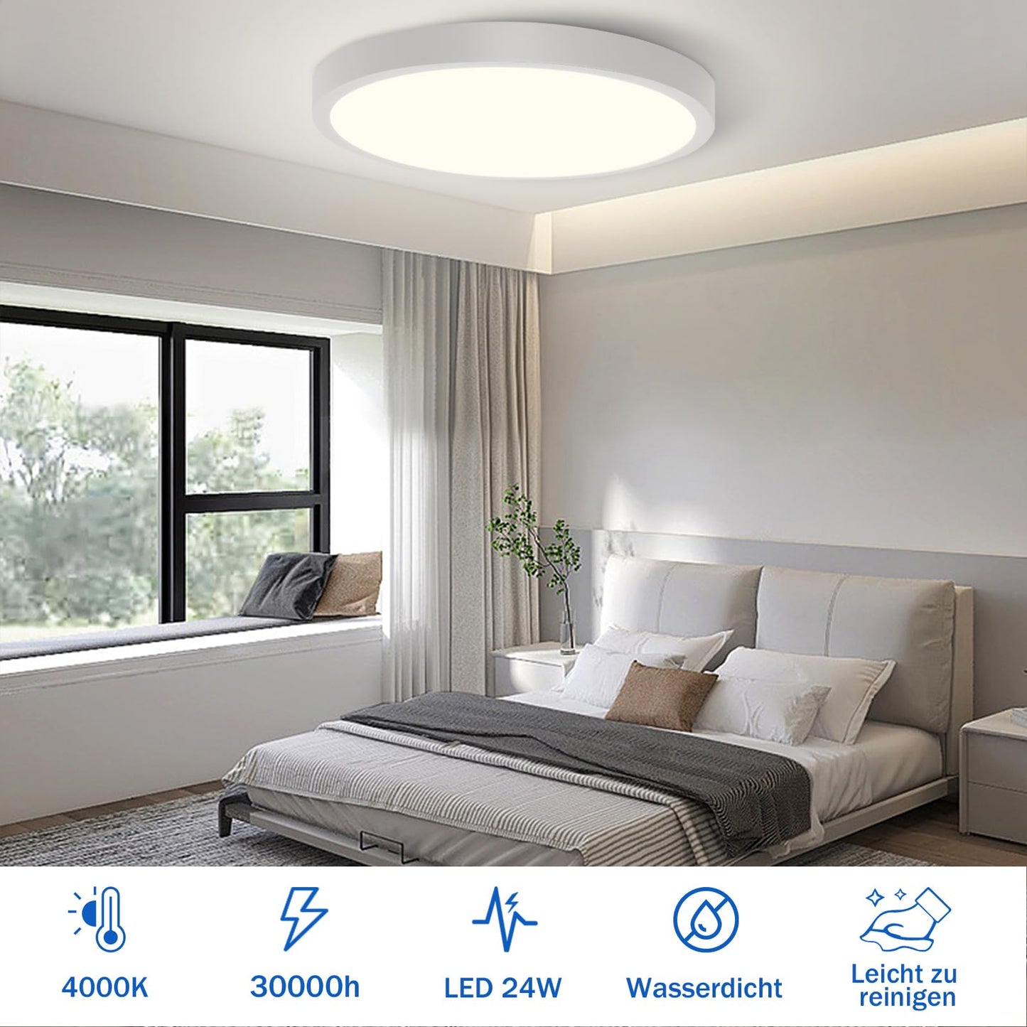 ZMH LED Deckenleuchte Rund Flach - 2ER Deckenlampe 24W Modern Wei? LED Panel Flurlampe Neutralwei? 4000K, 23CM IP44 f¨¹r K¨¹che B¨¹ro Wohnzimmer Badezimmer Kinderzimmer Schlafzimmer, Ultra D¨¹nn