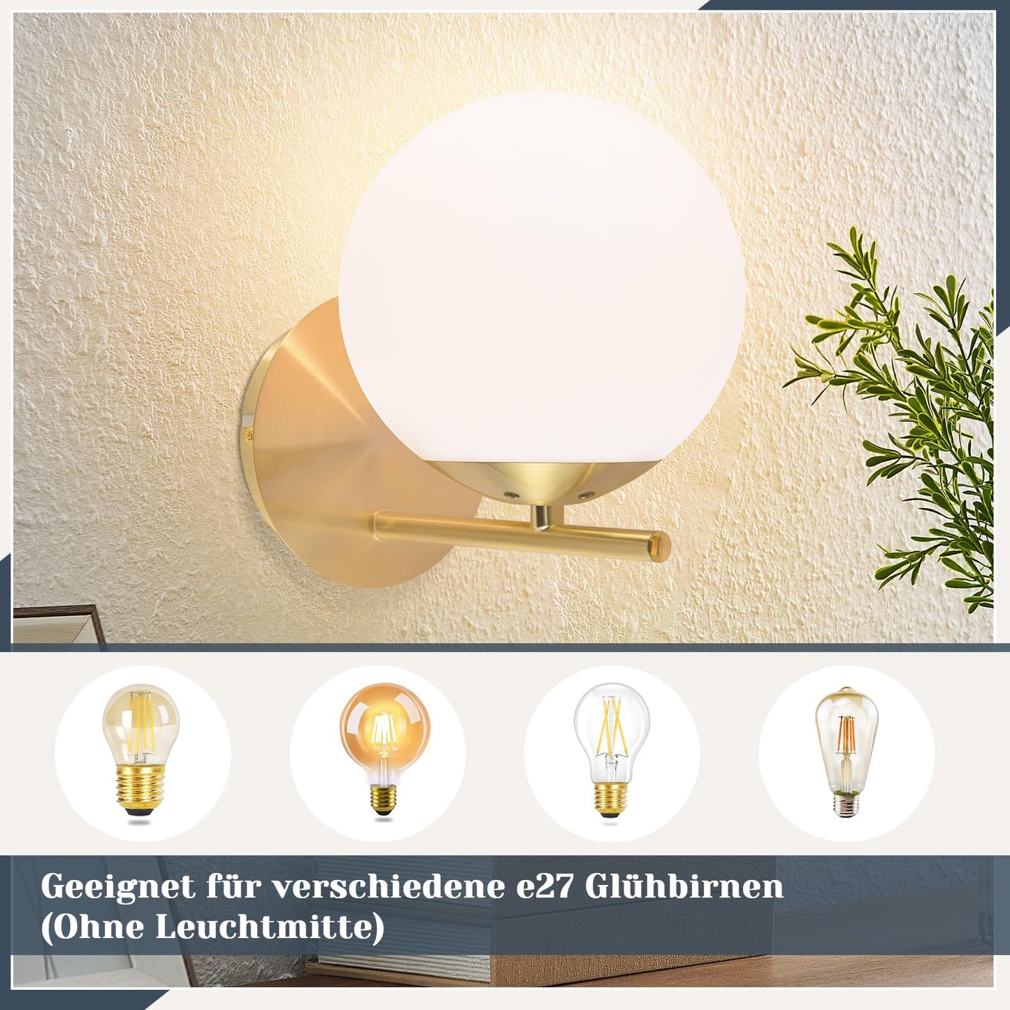 ZMH Wandleuchte Innen Wandlampe Modern - Flurlampe Gold E27 Bettlampe Wei? Glas Badlampe Kugel Badezimmerlampe Metall Badezimmer f¨¹r Treppenhaus Wohnzimmer Schlafzimmer Flur Bad - Ohne Leuchtmittel