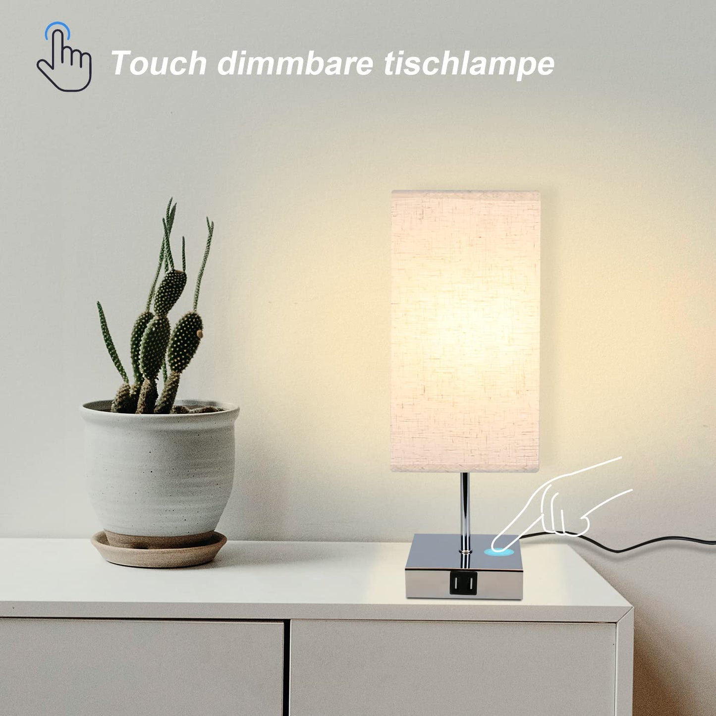 ZMH Tischlampe Schlafzimmer Nachttischlampe Dimmbar - Touch Nachtlicht Warmwei? E27 mit USB Ladefunktion Stoff Lampenschirm f¨¹r Deko, Nachttisch, Geschenk,Esszimmer, Wohnzimmer