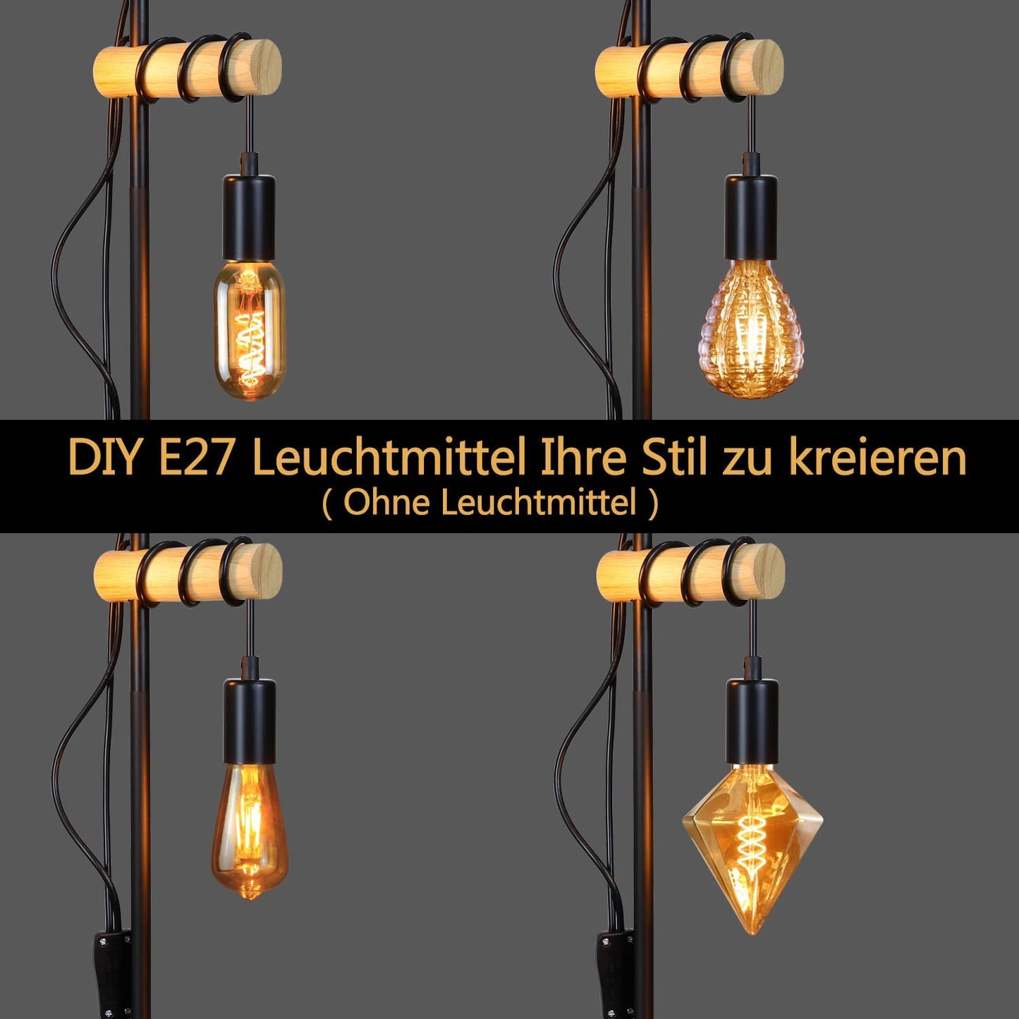 ZMH Stehlampe Wohnzimmer Vintage Stehleuchte Holz - Schwarz Industrial Standleuchte mit E27 2 Flammige Schwenkbar 180¡ã Standlampe mit Schalter f¨¹r Schlafzimmer B¨¹ro Arbeitzimmer - Ohne Leuchtmittel