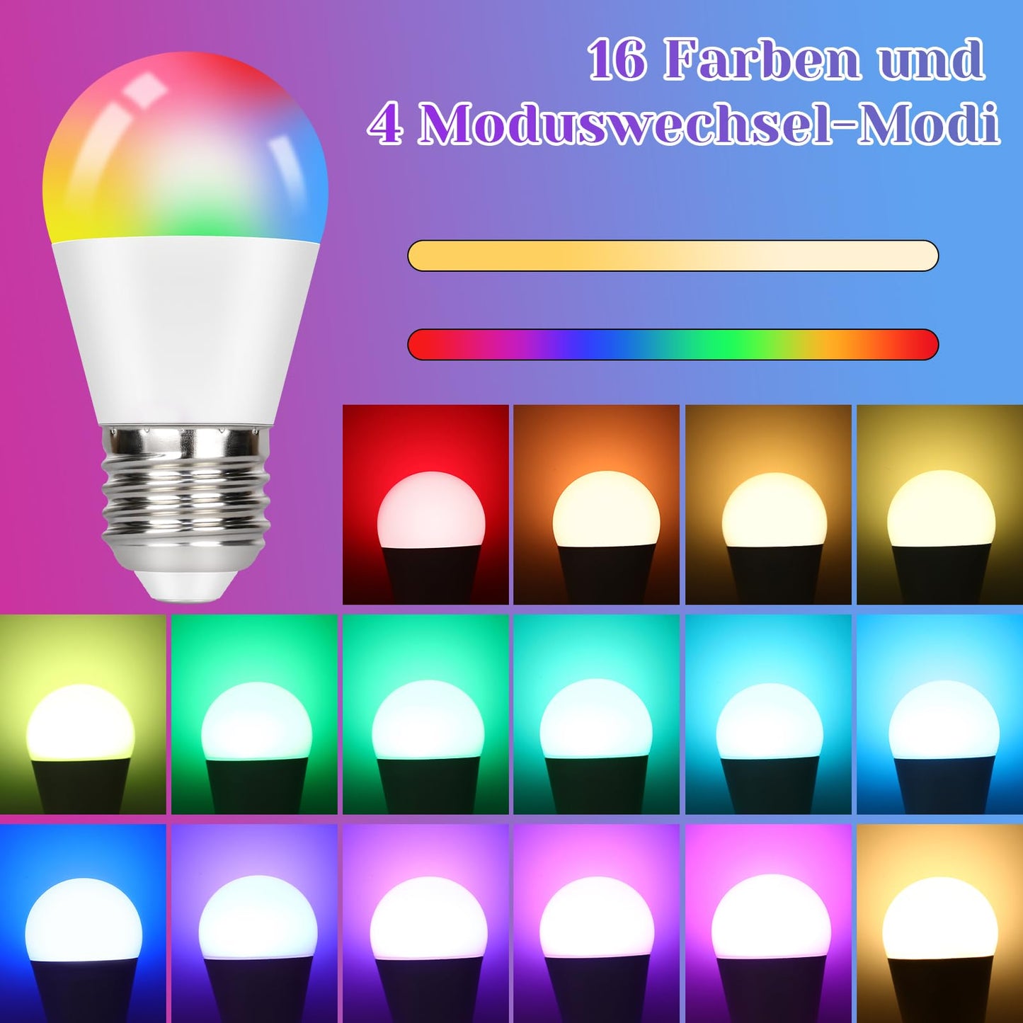 ZMH E27 LED Lampe RGB mit Fernbedienung: LED Farbwechsel Gl¨¹hbirne Leuchtmittel Warmwei? 3000K 4W (ersetzt 35W) Ambiente RGB Farbige Birne Dimmbare Farben Geschenk Deko f¨¹r Party (4er-Pack)