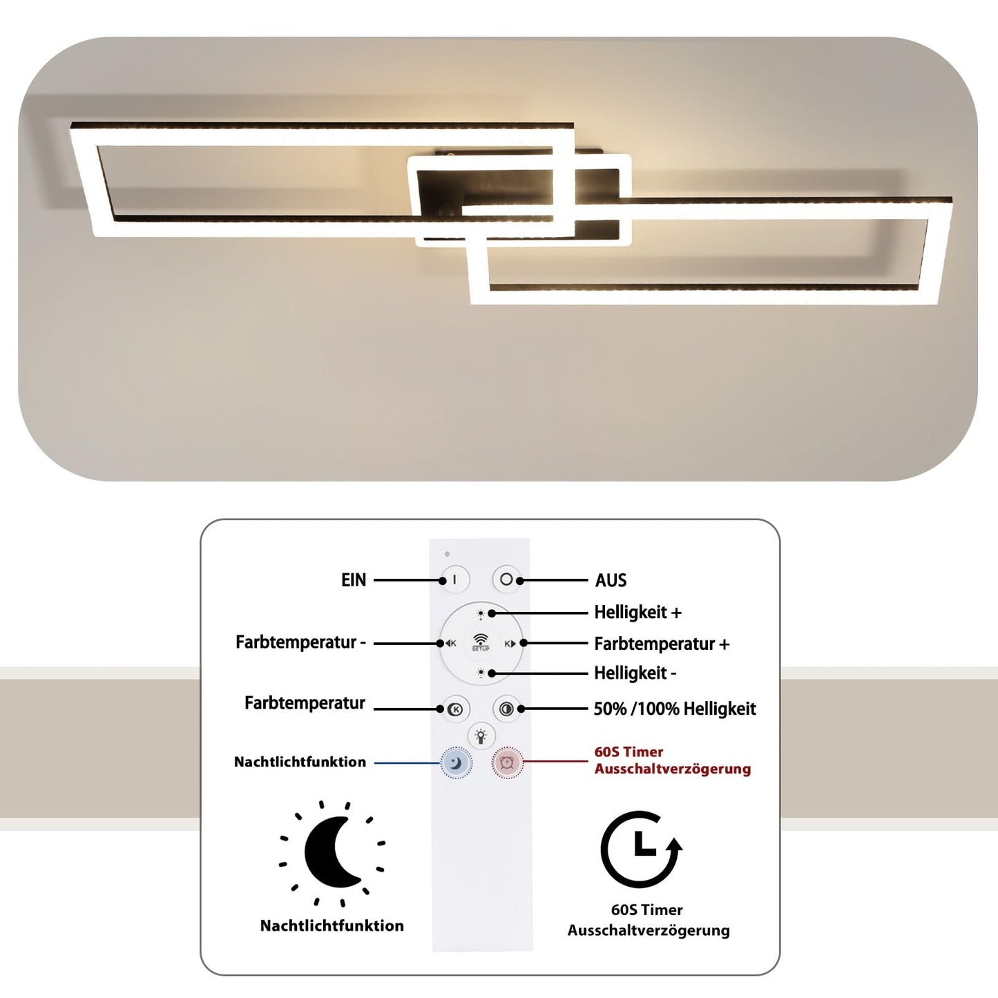 ZMH Deckenlampe LED Deckenleuchte Wohnzimmer - Wohnzimmerlampe Dimmbar Schlafzimmerlampe Modern Design K¨¹chenlampe 56W Schwarz Deckenbeleuchtung mit Fernbedienung f¨¹r Schlafzimmer K¨¹che B¨¹ro