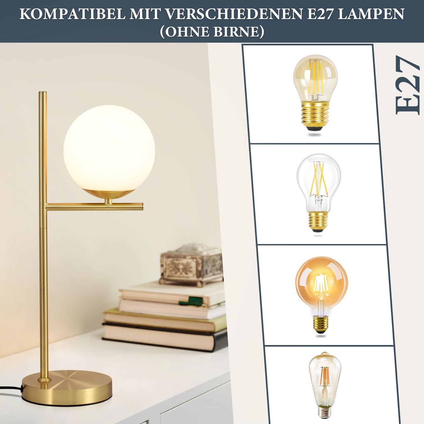 ZMH Tischlampe Wohnzimmer Modern Nachttischlampe - Tischleuchte Gold aus Wei? Glas E27 Fassung Industrial Nachttischleuchte Metall Design nachttischlampe mit Schalter f¨¹r Schlafzimmer B¨¹ro