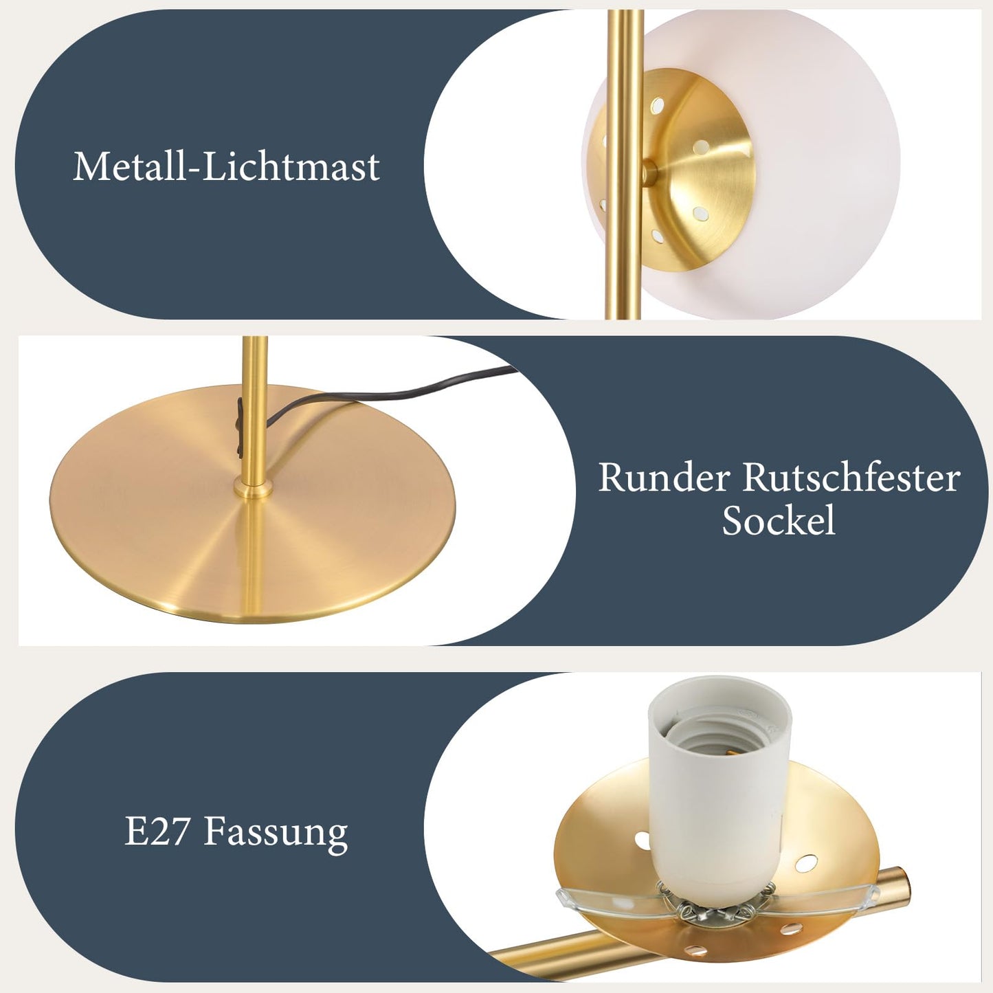ZMH Stehlampe Wohnzimmer Modern Standleuchte - Gold Industrial Stehleuchte 3 Flammig mit Fu?schalter Metall Design aus Wei? Glas Standlampe E27 Vintage Bodenlampe f¨¹r Schlafzimmer B¨¹ro kinderzimmer