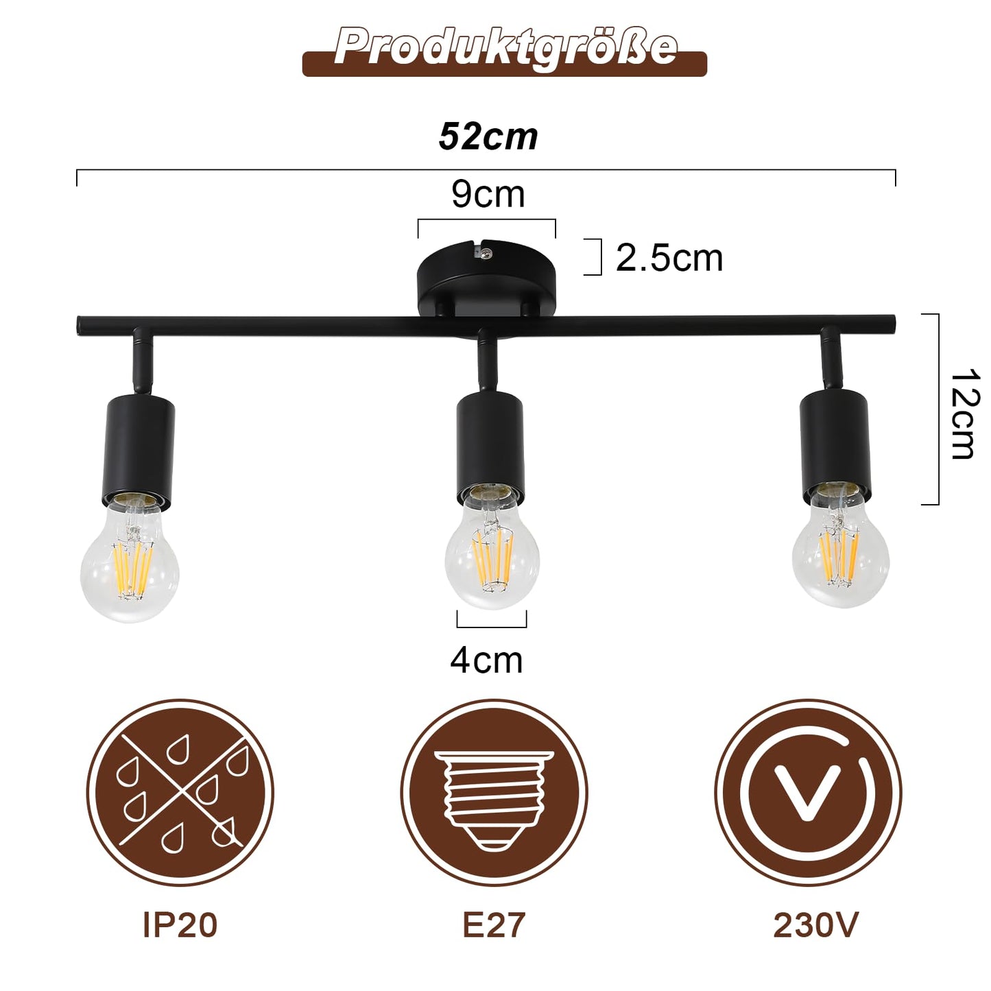 ZMH Deckenstrahler 3 Flammig Deckenleuchte Schwarz - E27 Flur Deckenspot Vintage Deckenlampe Schwenkbar 350¡ã Spots Industrial k¨¹chenlampe f¨¹r K¨¹che Wohnzimmer Schlafzimmer (ohne Leuchtmittel)