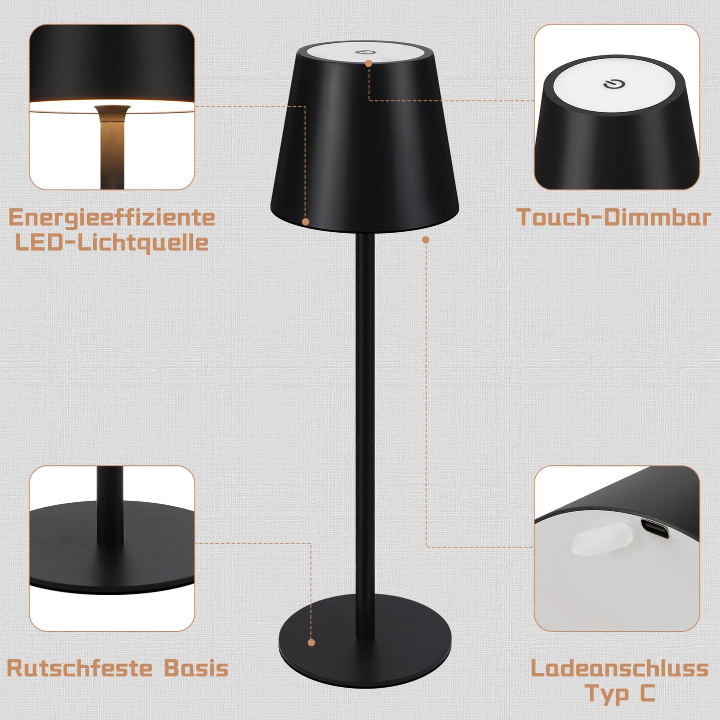 ZMH Tischlampe Akku Nachttischlampe Kabellos - Led 2600mhA Aussentischleuchte Aufladbar Tischleuchte Touch Dimmbar Schwarz Akkulampe batterie Nachttischleuchte USB Akkuleuchte f¨¹r Schlafzimmer
