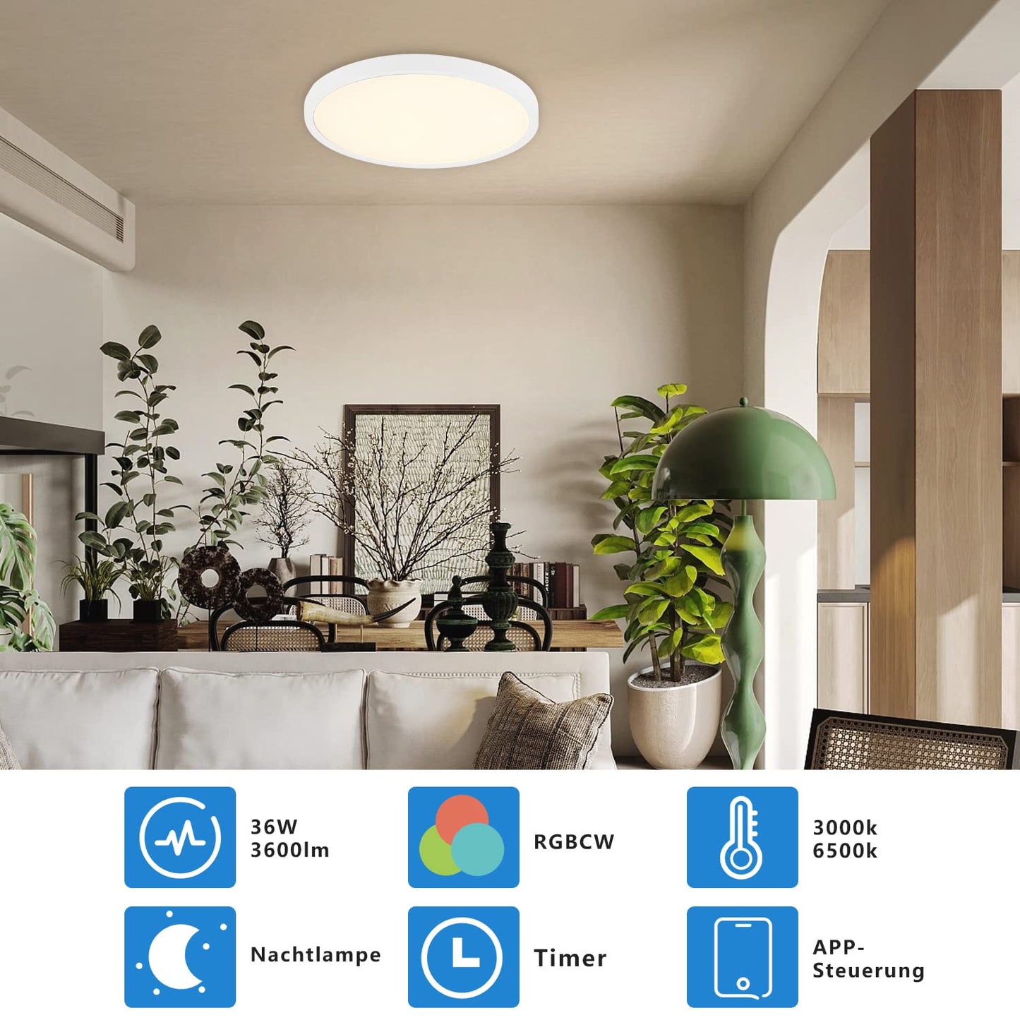 ZMH 36W Deckenlampe LED Deckenleuchte Farbwechsel - Dimmbar Schlafzimmerlampe mit Smart RGB Hintergrundbeleuchtung Panel Flach Rund per Fernbedienung App f¨¹r Wohnzimmer Schlafzimmer Kinderzimmer