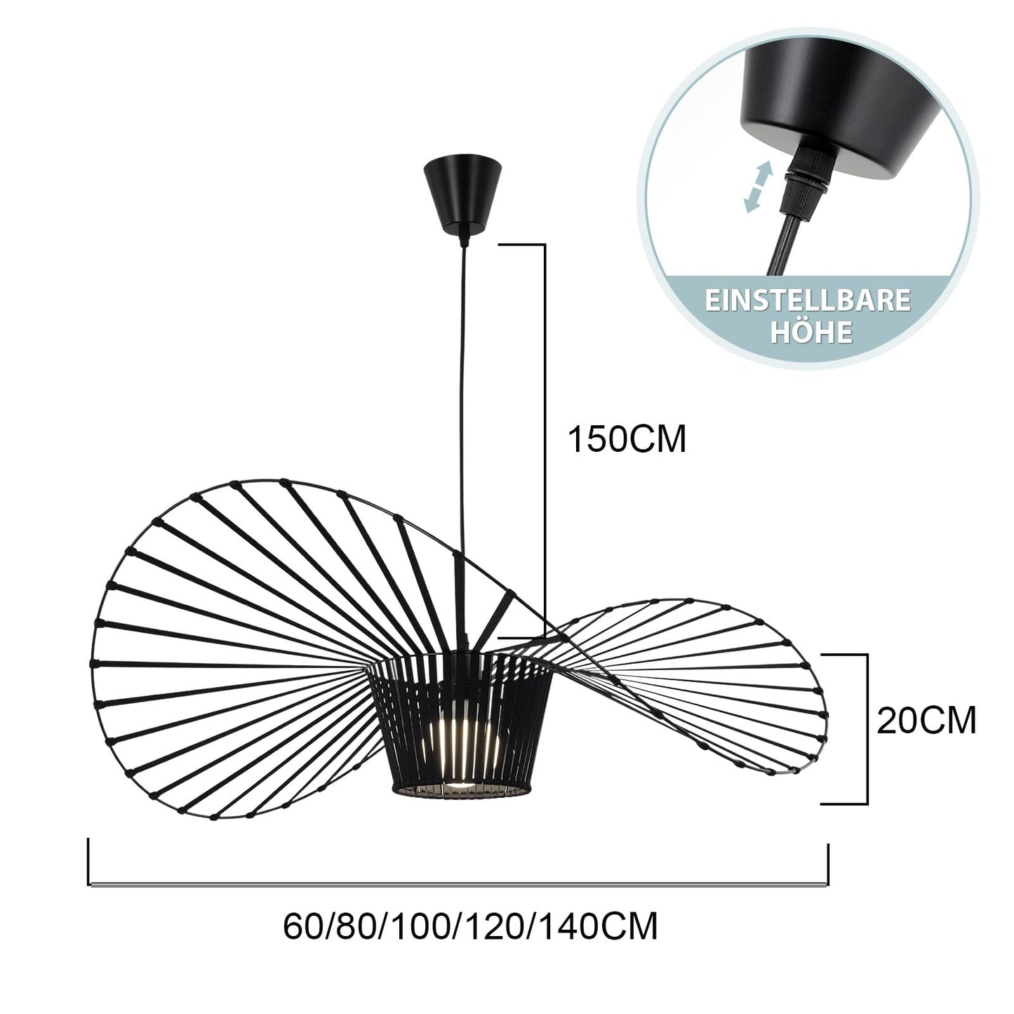 ZMH Vertigo Pendelleuchte 140CM E27 - Modern Schwarz Kronleuchter Wohnzimmer Retro H?ngelampe Glasfiberstahl + Polyurethan Esstischlampe Hut H?ngeleuchte Max. 40W Ohne Leuchtmittel