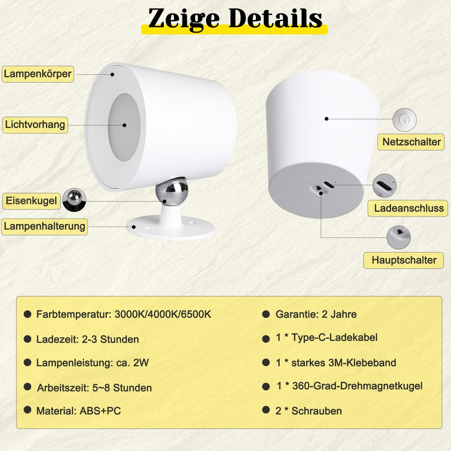 ZMH Wandlampe LED Wandleuchte Innen - Wandbeleuchtung 2 St¨¹ck mit Akku 360¡ã Drehbare Touch Control 3 Helligkeitsstufen Wei? Kabellose Wandleuchten F¨¹r Wohnzimmer Kinder Schlafzimmer