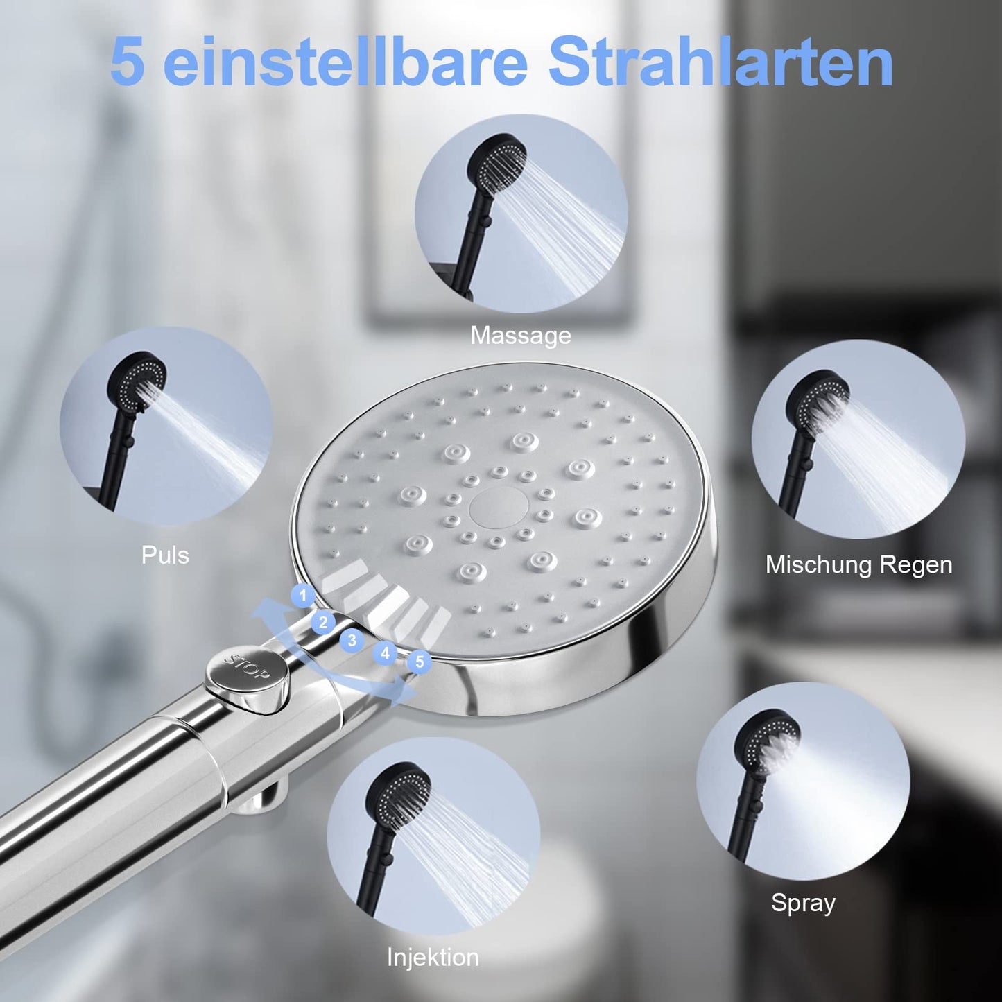 ZMH Duschkopf Wassersparend mit 1.5M Schlauch Brausehalterung - Handbrause Chrom Filter mit 5 Strahlarten Wasserstop, Druckerh?hende Regendusche Sparduschkopf
