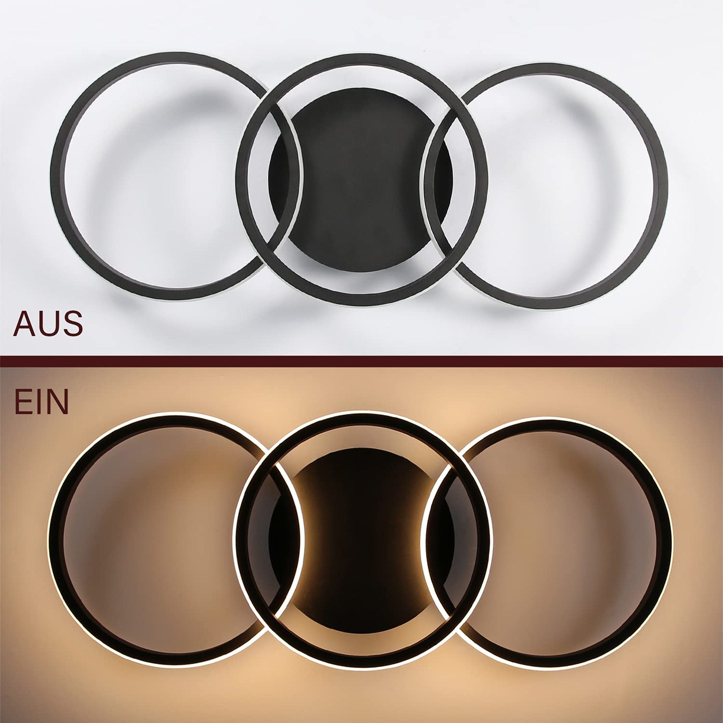 ZMH Deckenlampe Schwarz LED Deckenleuchte Wohnzimmer - Deckenlampe Flur Modern Design mit 3 Metall Ringe 3000K Warmwei?e K¨¹chenlampe - 36W Schlafzimmerlampe Wohnzimmerlampe