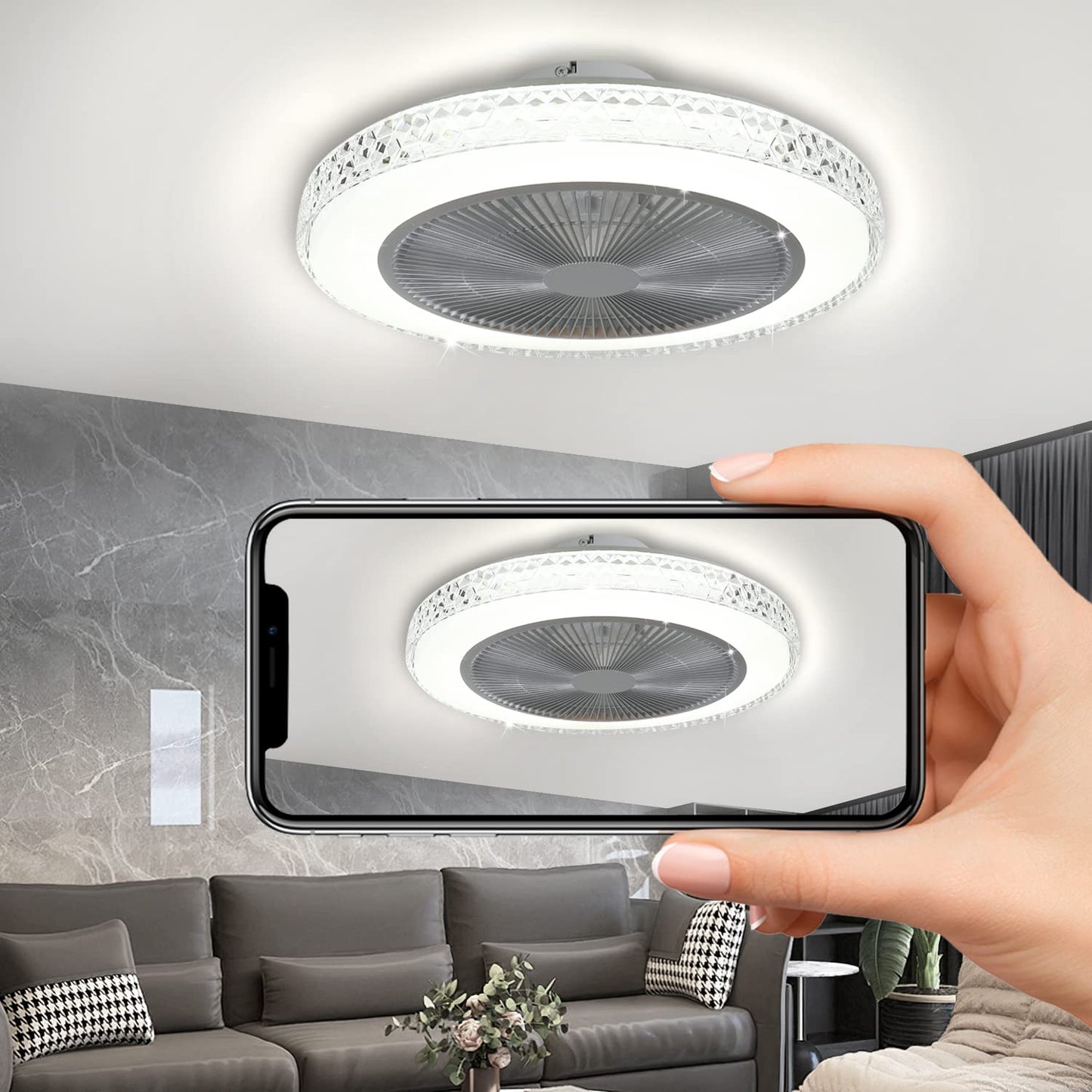 ZMH Deckenventilator Mit Beleuchtung und Fernbedienung Leise - 48.5CM LED Deckenlampe Dimmbar Wohnzimmer Ventilator Timing Deckenleuchte Fan Kristall Sommer-/Winter f¨¹r Schlafzimmer Esszimmer