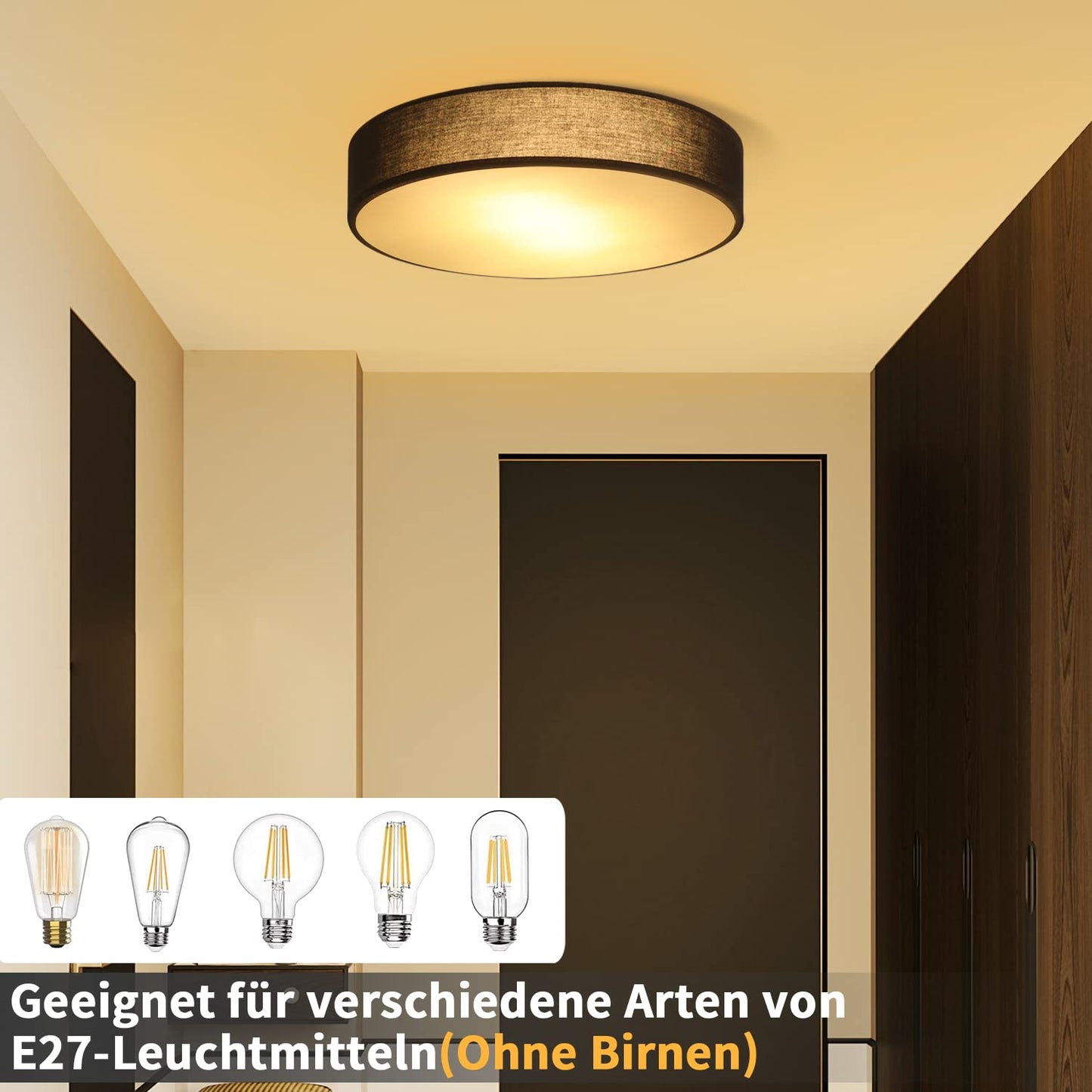 ZMH ZMH Deckenlampe Rund Deckenleuchte Schlafzimmer - Schwarz 30CM Stoff Schlafzimmerlampe Modern Wohnzimmerlampe 1 Flammig E27 K¨¹chenlampe mit Stoffschirm Flurlampe f¨¹r Wohnzimmer K¨¹che Flur