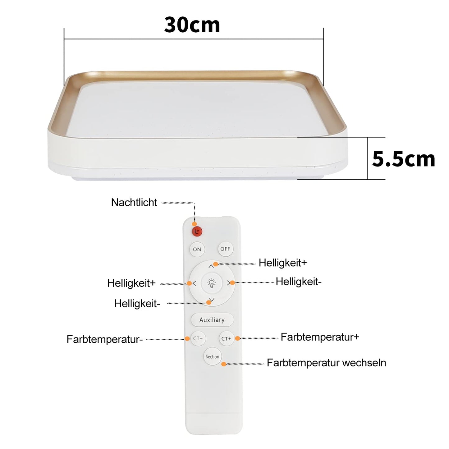 ZMH Deckenlampe LED Deckenleuchte Wohnzimmer Dimmbar - 32W Modern Schlafzimmerlampe Eckig 30cm mit Fernbedienung K¨¹chenlampe in Wei?gold inkl. Memoryfunktion Deko Deckenbeleuchtung f¨¹r Flur Esszimmer