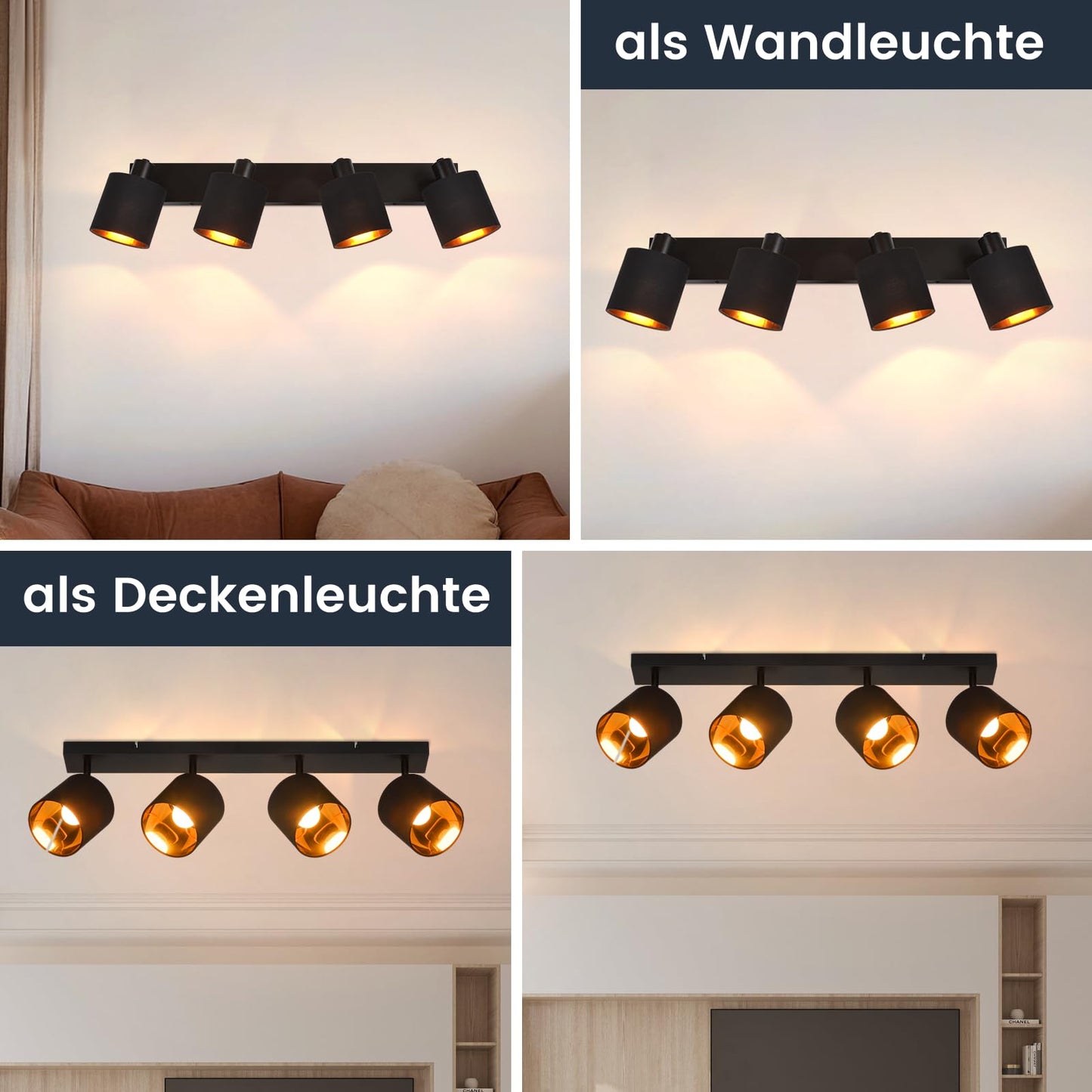 ZMH Deckenlampe 4 Flammig Deckenstrahler Schwarz - Deckenleuchte Wohnzimmer Vintage Wohnzimmerlampe E14 Schwenkbar 350¡ã MAX.25W Stoffschrim f¨¹r Schlafzimmer Flur(ohne Leuchtmittel)