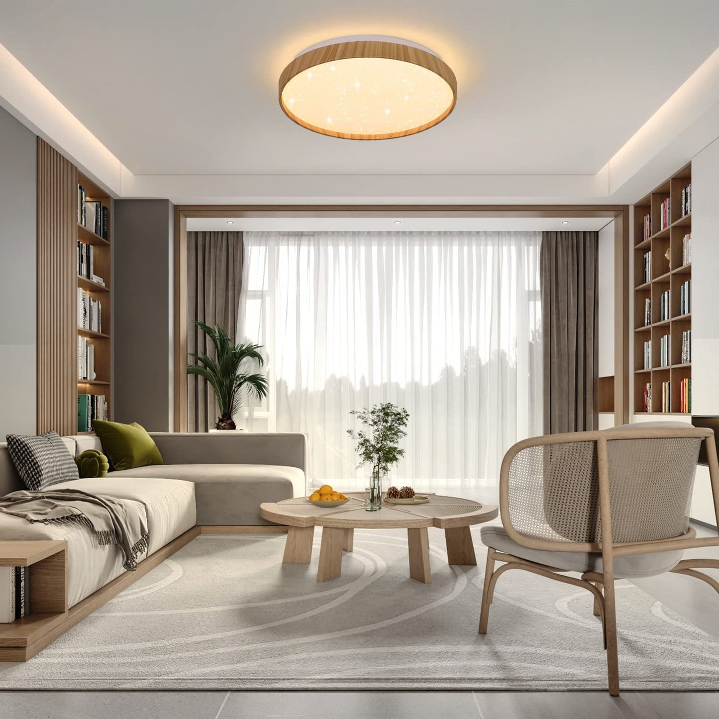 ZMH LED Deckenleuchte Dimmbar Deckenlampe Schlafzimmer - Wohnzimmer Sternenhimmel Rund 40CM Wohnzimmerlampe mit Fernbedienung Schlafzimmerlampe Modern mit Holzoptik f¨¹r Kinderzimmer K¨¹che Flur Treppen