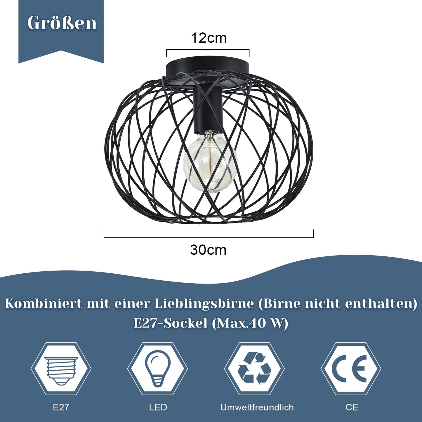 ZMH Deckenleuchte Schwarz Flurlampe Metall - Deckenlampe E27 Retro Runde Vintage Lampenschirm Industrial f¨¹r Gang Korride Wohnzimmer Schlafzimmer K¨¹che (Ohne Leuchtmittel Max.40W) 30CM