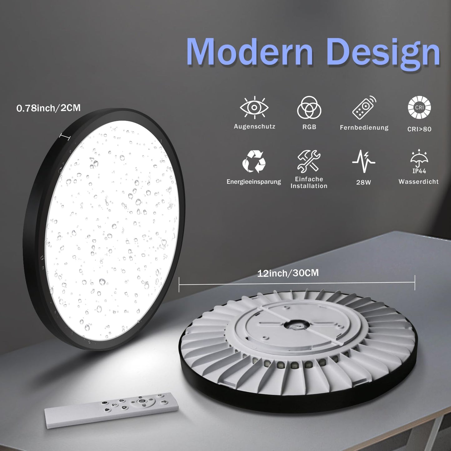ZMH LED Deckenleuchte Flach Farbwechsel - 28W RGB Dimmbar Deckenlampe Fernbedienung Schwarz Rund Hintergrundbeleuchtung ?30CM f¨¹r Schlafzimmer Badezimmer K¨¹che Flur, 3000K-6500K