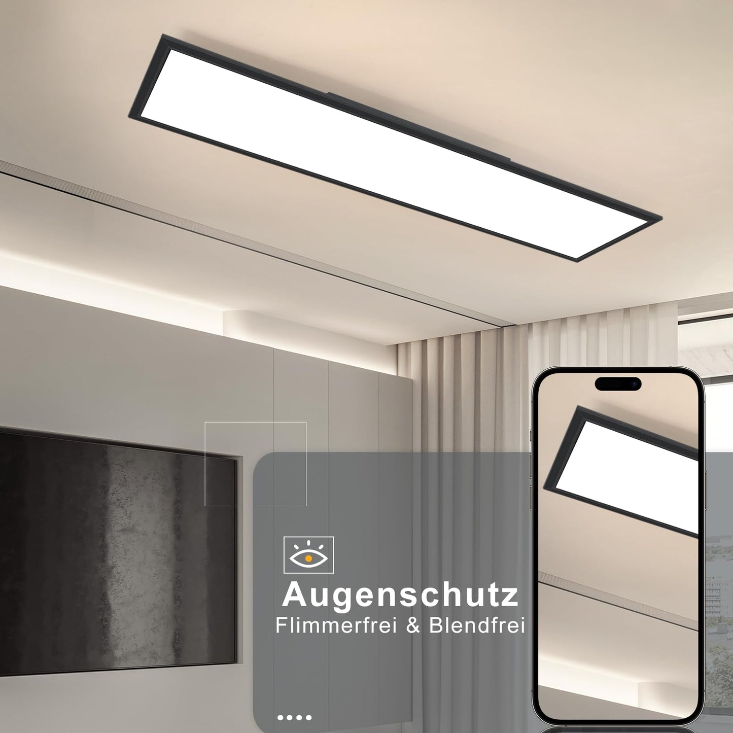 ZMH LED Panel Schwarz Deckenleuchte Dimmbar - Flach Deckenlampe B¨¹ro mit Fernbedienung Modern Wohnzimmerlampe 100x25CM K¨¹chenlampe 42W Deckenpanel Schwarz B¨¹roleuchte f¨¹r Schlafzimmer K¨¹che Flur