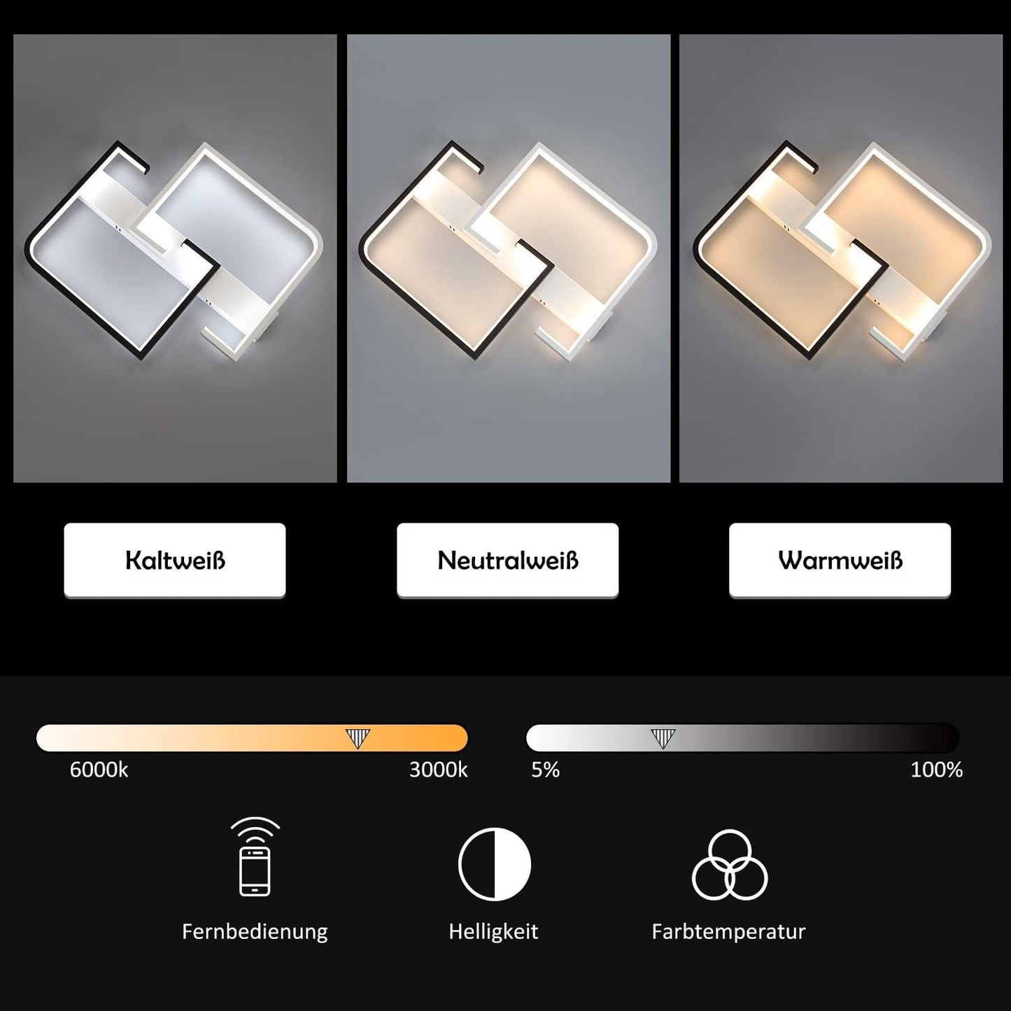 ZMH Deckenleuchte LED Deckenlampe dimmbar Moderne Wohnzimmerlampe Schwarze und Wei?e 35W aus Aluminium f¨¹r Schlafzimmer K¨¹che Wohnzimmer Arbeitszimmer Flur Balkon mit Fernbedienung farbwechsel