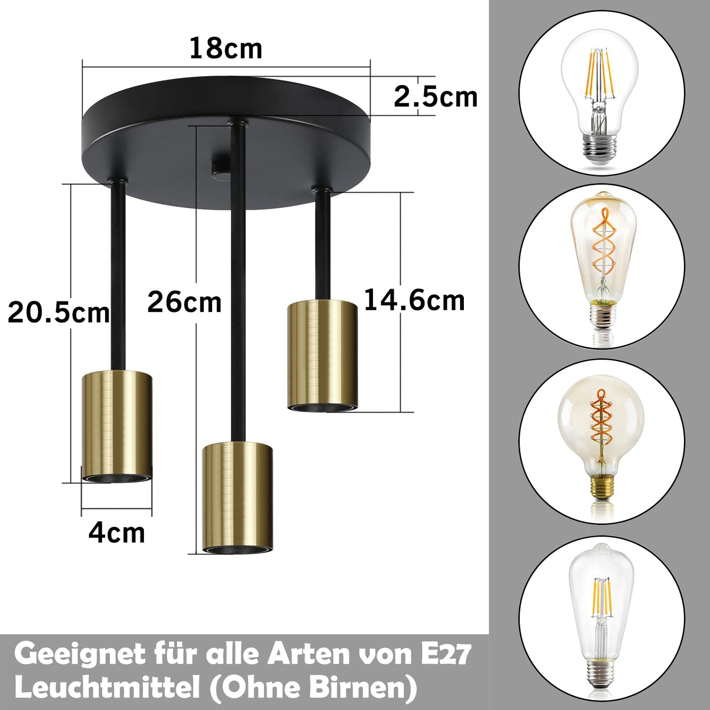 ZMH Deckenleuchte H?ngend 3 Flammig Deckenstrahler I Vintage Deckenlampe E27 Schwarz-Gold mit 3 Spots Kronleuchter Industrial Modern Deckenspots f¨¹r Esszimmer K¨¹che Flur Wohnzimmer Bar Restaurant