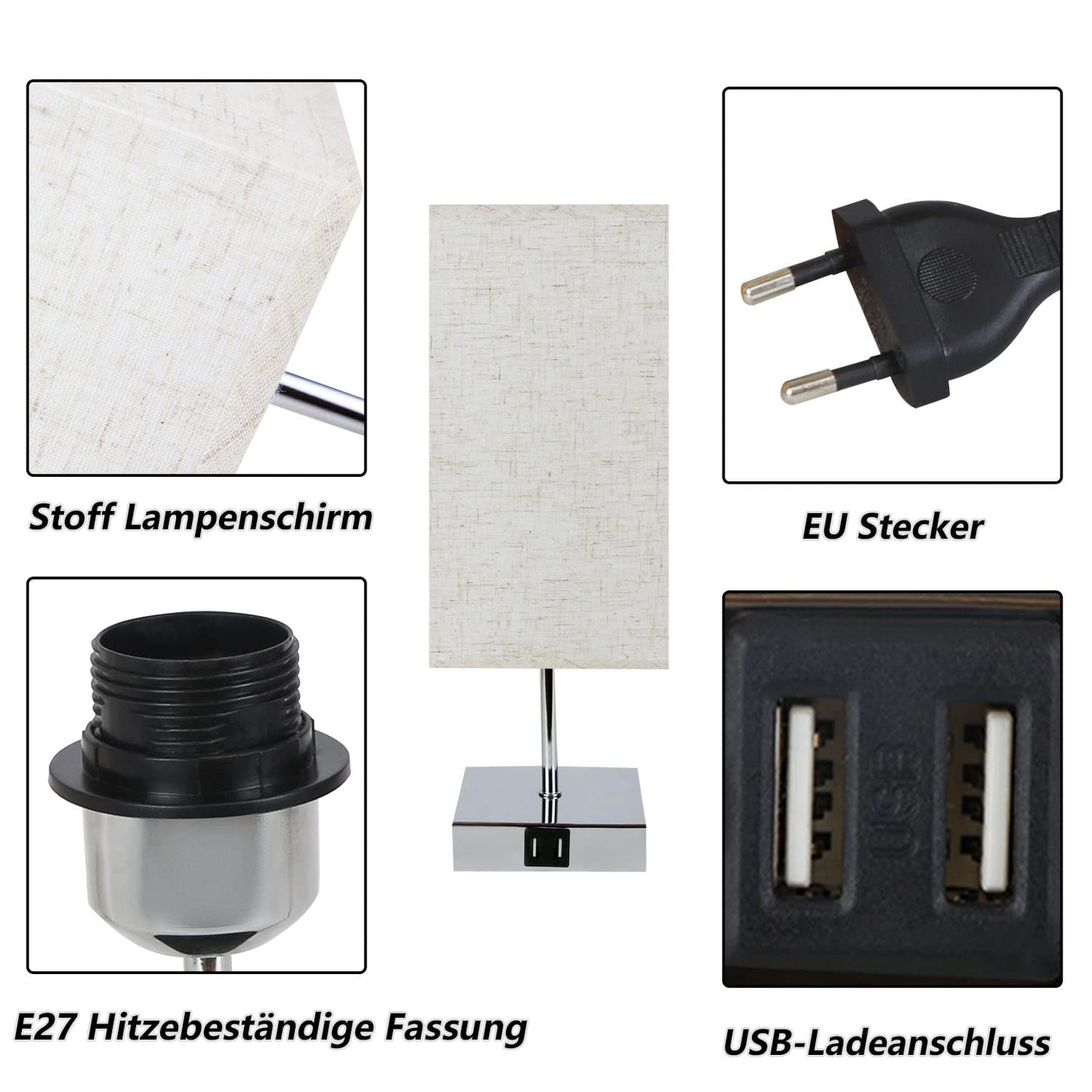 ZMH Tischlampe Schlafzimmer Nachttischlampe Dimmbar - Touch Nachtlicht Warmwei? E27 mit USB Ladefunktion Stoff Lampenschirm f¨¹r Deko, Nachttisch, Geschenk,Esszimmer, Wohnzimmer