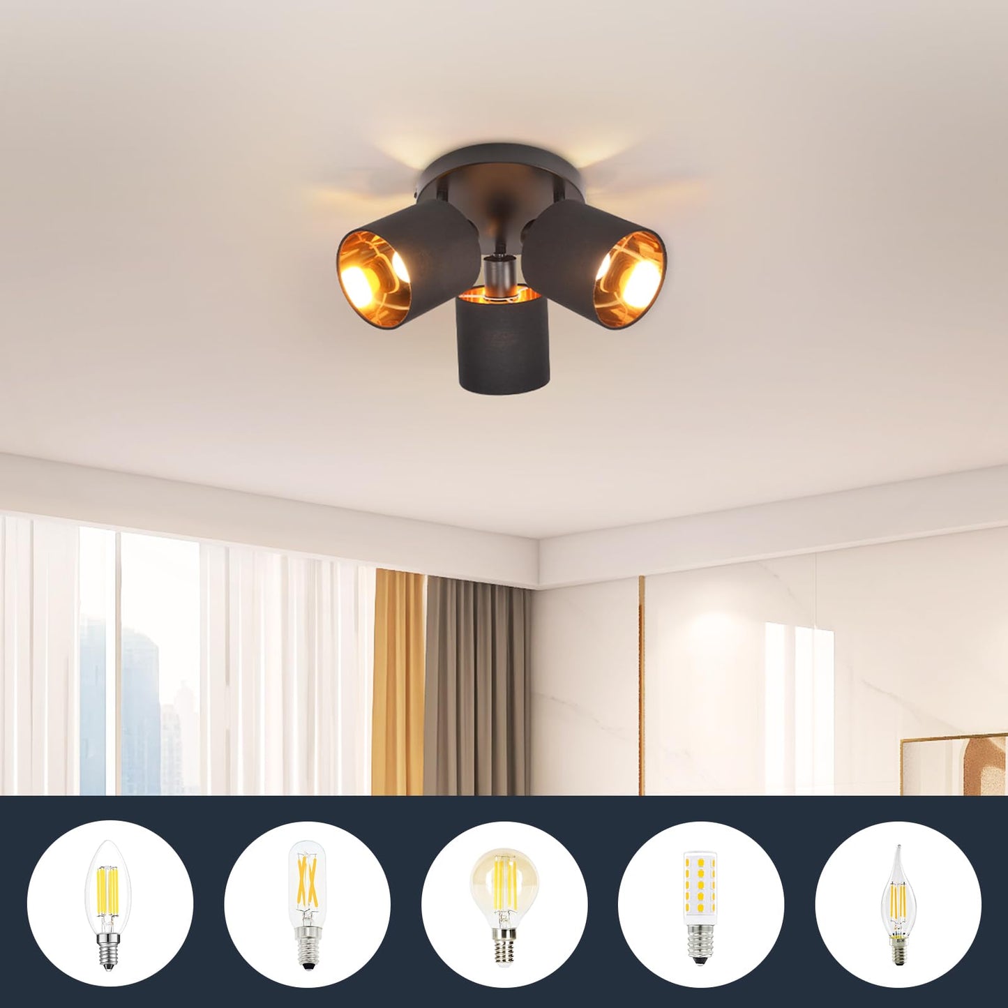 ZMH Deckenleuchte 3 Flammig Deckenstrahler Schwarz - Deckenlampe Vintage Deckenspot E14 Schwenkbar 350¡ã MAX.25W Stoffschrim Modern f¨¹r Wohnzimmer Schlafzimmer K¨¹che Flur (ohne Leuchtmittel)