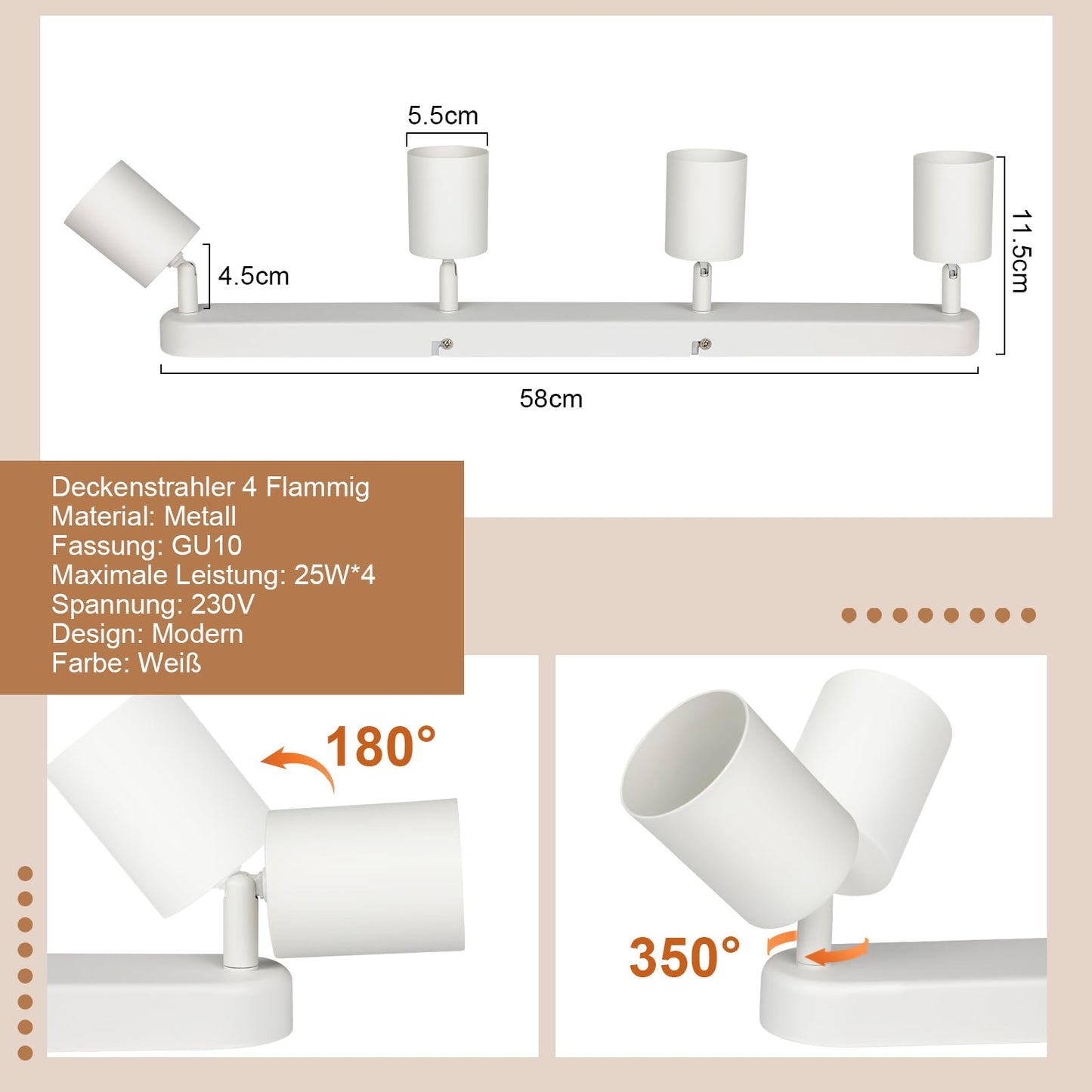 ZMH LED Deckenleuchte 4 Flammig Deckenstrahler - GU10 Deckenlampe Wohnzimmer Strahler Modern Deckenspot Schwenkbar Design Wei? Spot f¨¹r Flur Schlafzimmer Esszimmer K¨¹che Esstisch - Ohne Gl¨¹hbirn