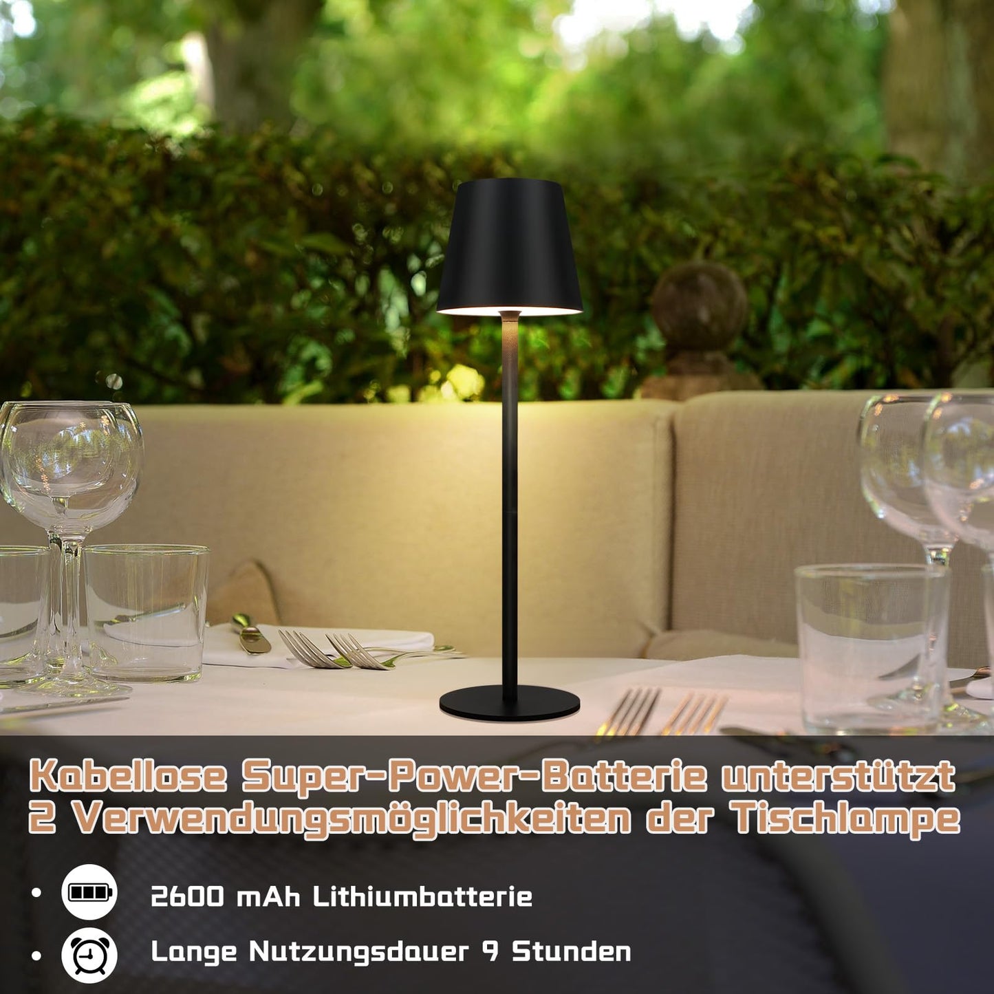 ZMH Tischlampe Akku Nachttischlampe Kabellos - Led 2600mhA Aussentischleuchte Aufladbar Tischleuchte Touch Dimmbar Schwarz Akkulampe batterie Nachttischleuchte USB Akkuleuchte f¨¹r Schlafzimmer