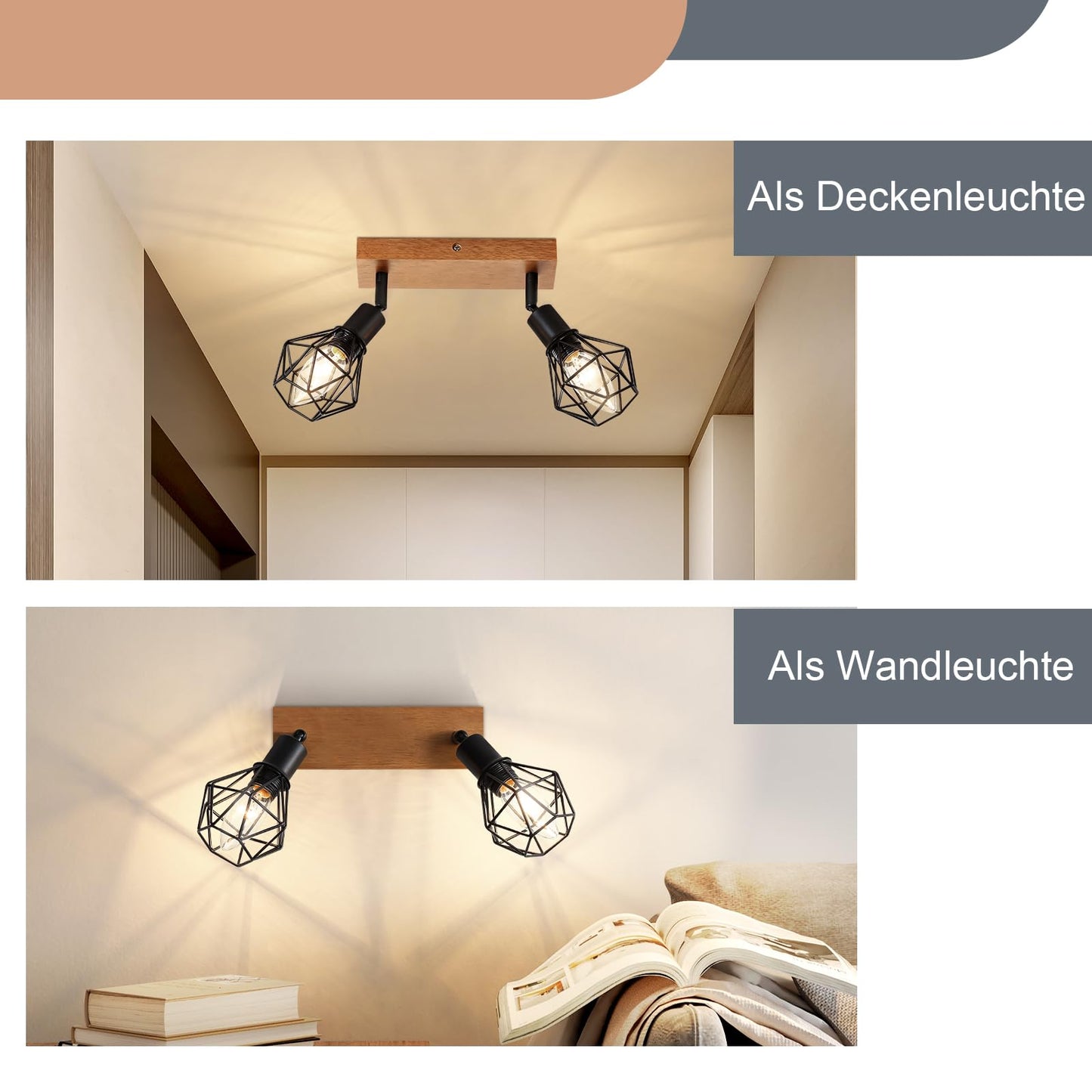 ZMH Deckenstrahler 2 Flammig Schwarz Vintage - Holz Denckenspots E14 Metall Deckenlampe Schwenkbar 350¡ã Deckenleuchte f¨¹r K¨¹che Wohnzimmer Schlafzimmer Esszimmer MAX.25W Ohne Leuchtmittel