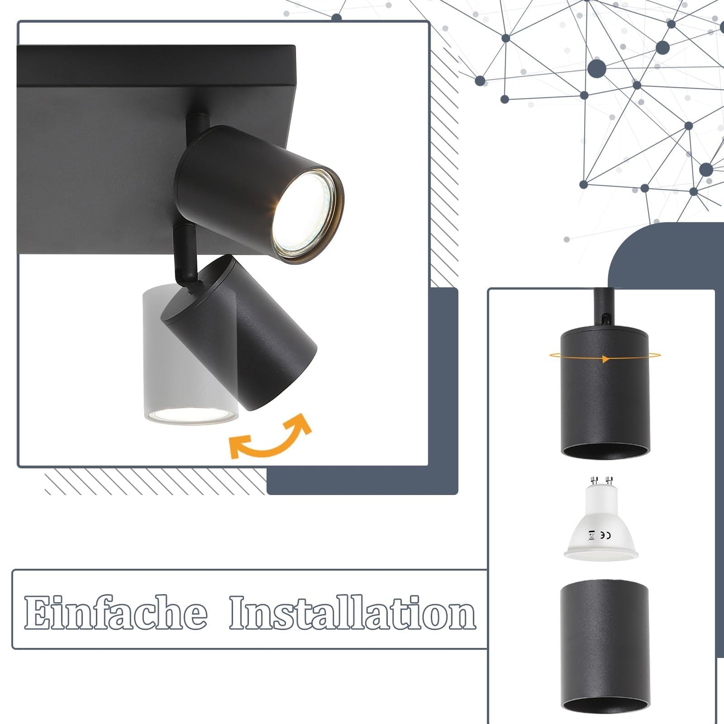 ZMH LED Deckenleuchte 4 Flammig: GU10 Deckenstrahler Schwarz Deckenlampe Spots 330¡ãSchwenkbar Deckenspots Industrial Wandstrahler Modern Flurlampe f¨¹r Wohnzimmer Schlafzimmer K¨¹che Ohne Leuchtmittel