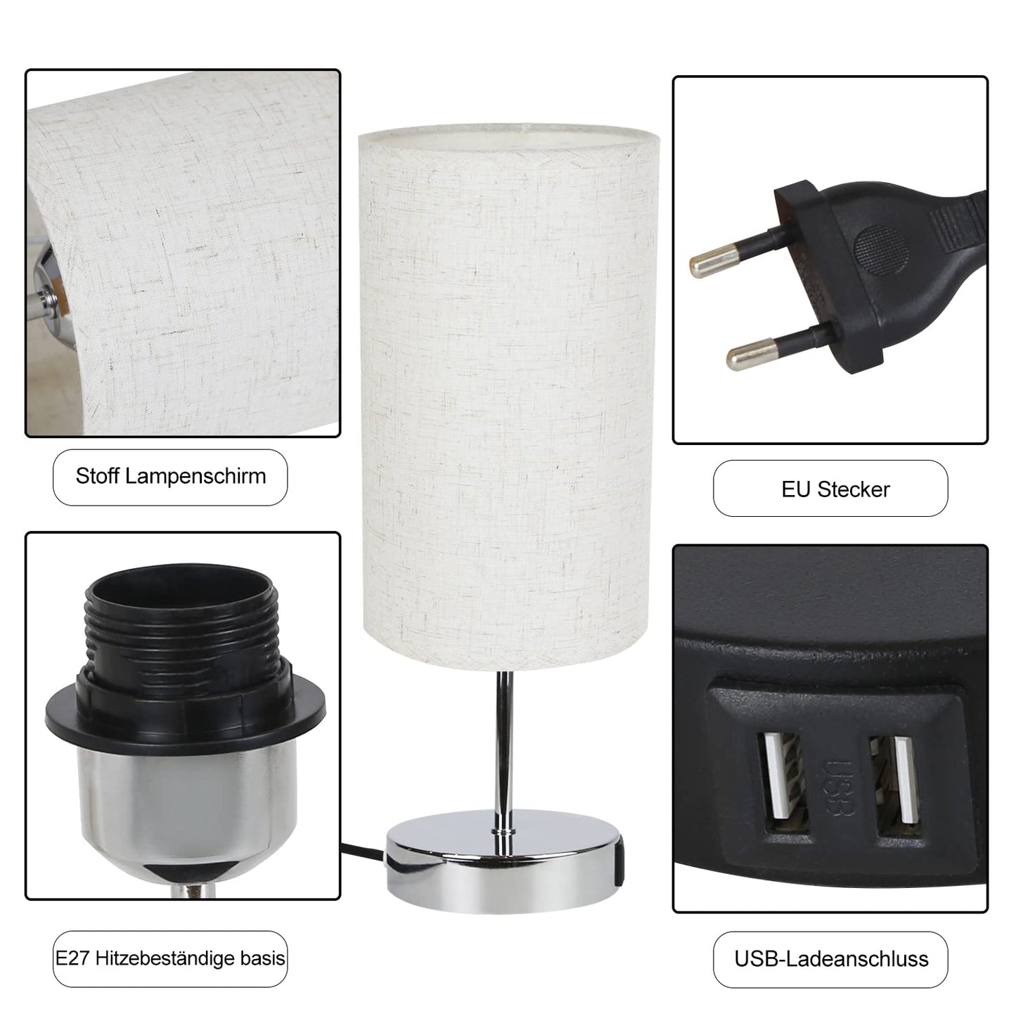 ZMH Nachttischlampe Touch Dimmbar 2er - Tischlampe E27 USB Ladefunktion Wohnzimmer Chrom mit Stoff Lampenschirm f¨¹r Schlafzimmer Wohnzimmer Nachttisch Schreibtisch Leuchtmittel nicht enthalten